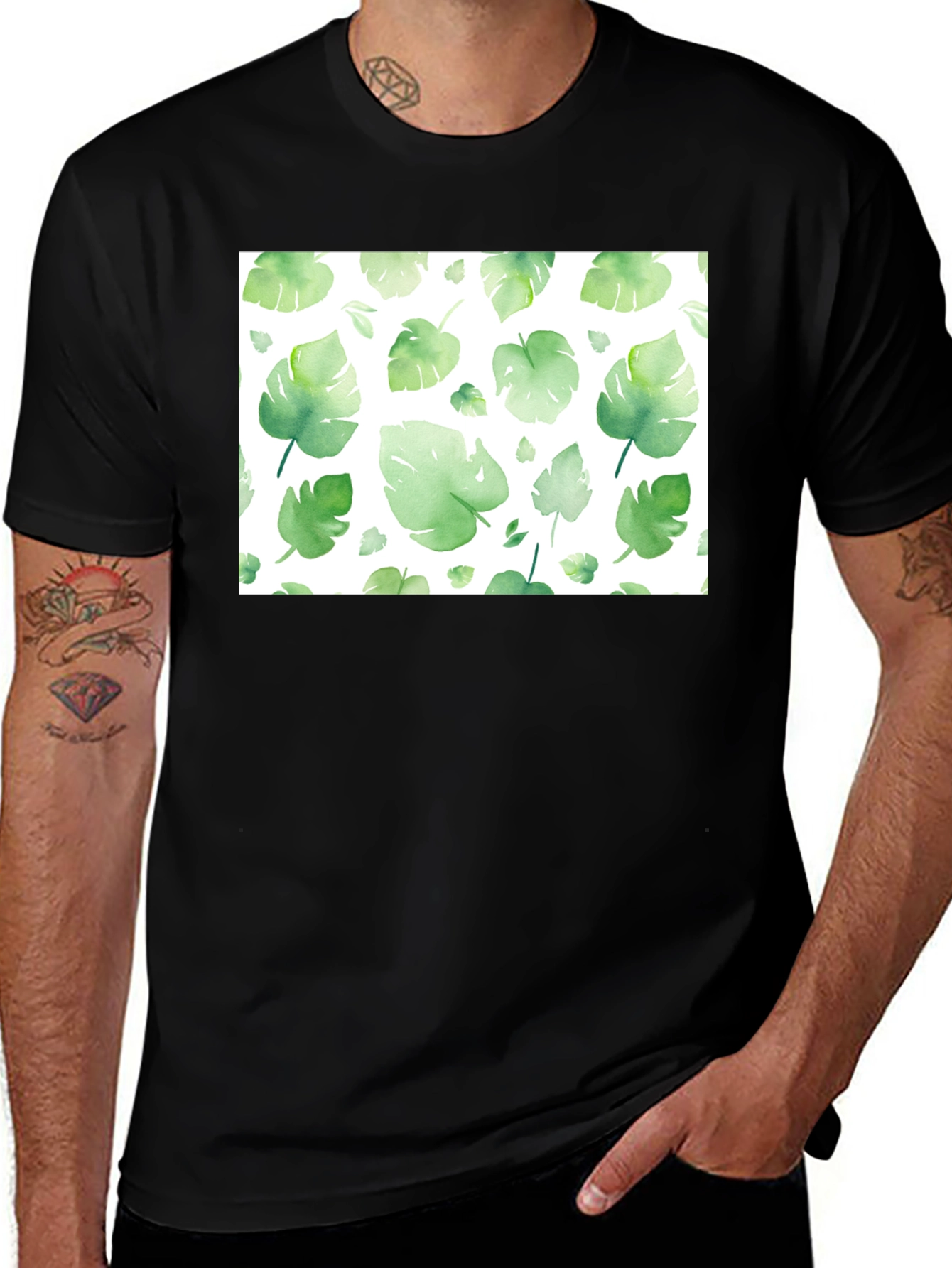 Variant 8 of Tropical Leaf Print Black T-Shirt
