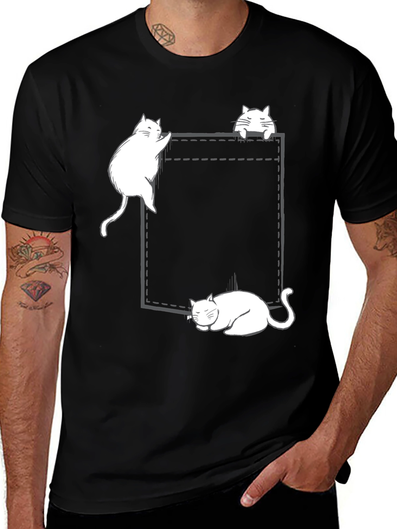 Variant 17 of Cats in Pocket Graphic Tee - Black Cotton