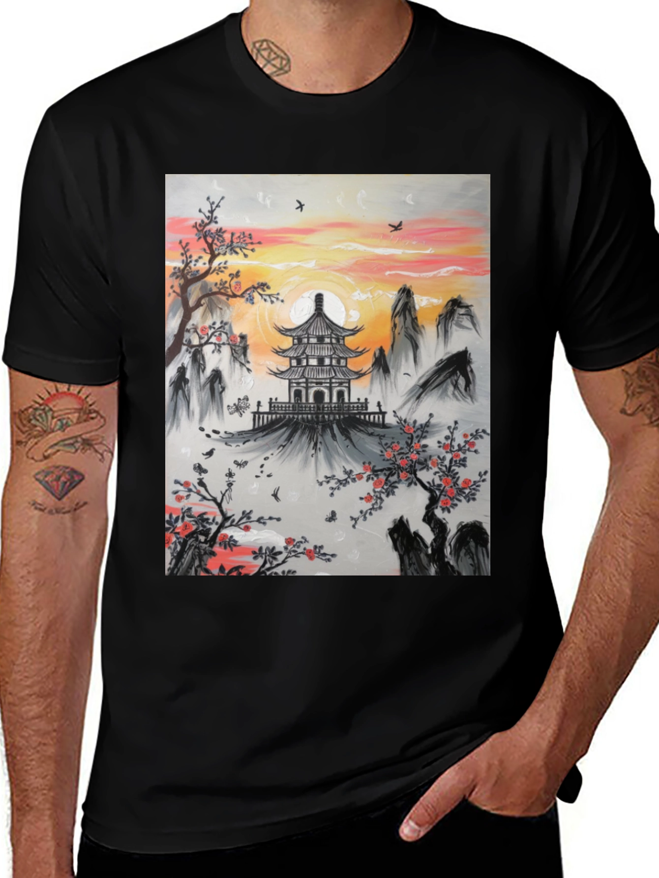 Asian Temple Graphic T-Shirt - Sunset Design