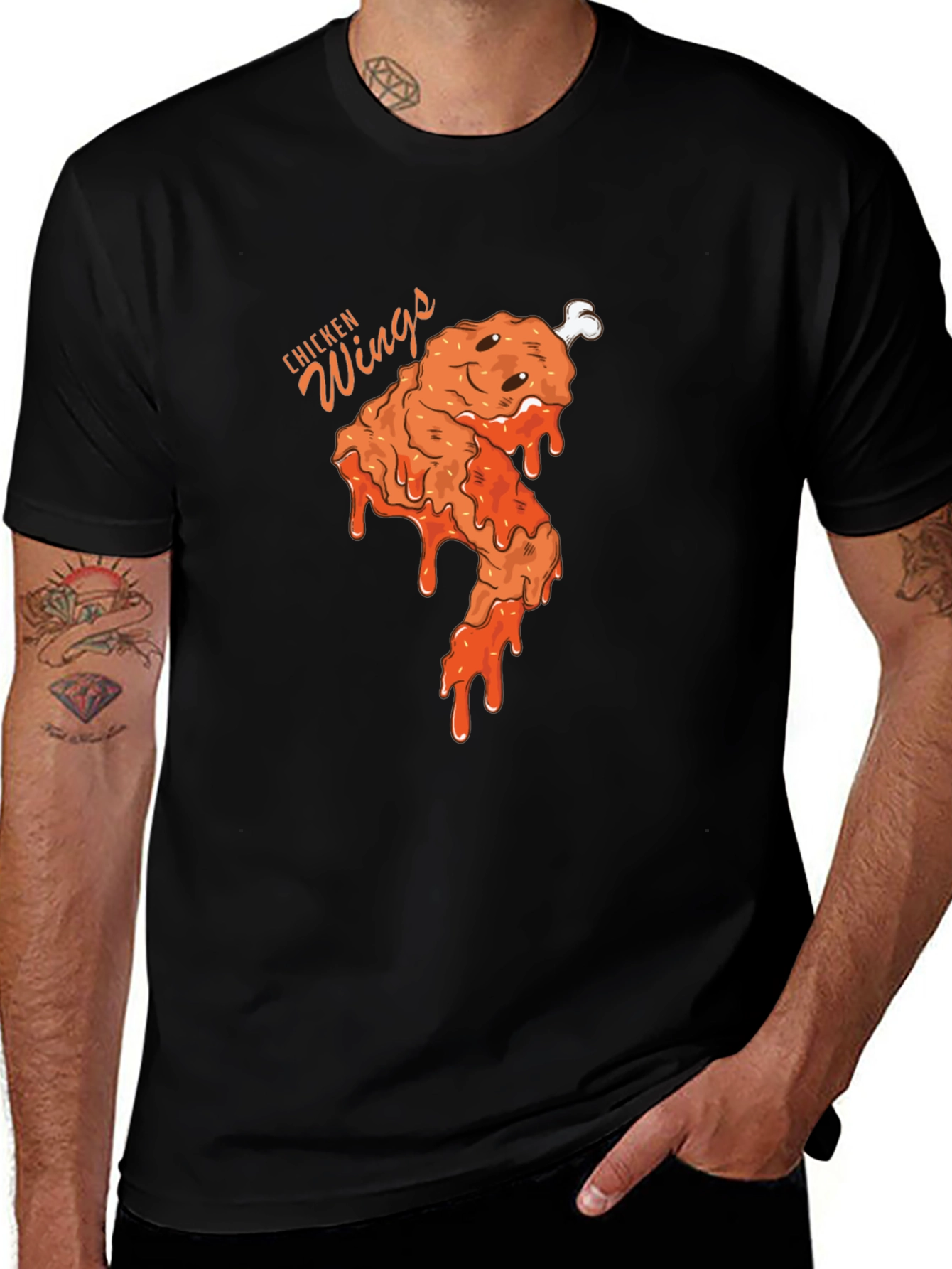 Variant 16 of Funny Chicken Wings Graphic Tee - Black Cotton T-Shirt