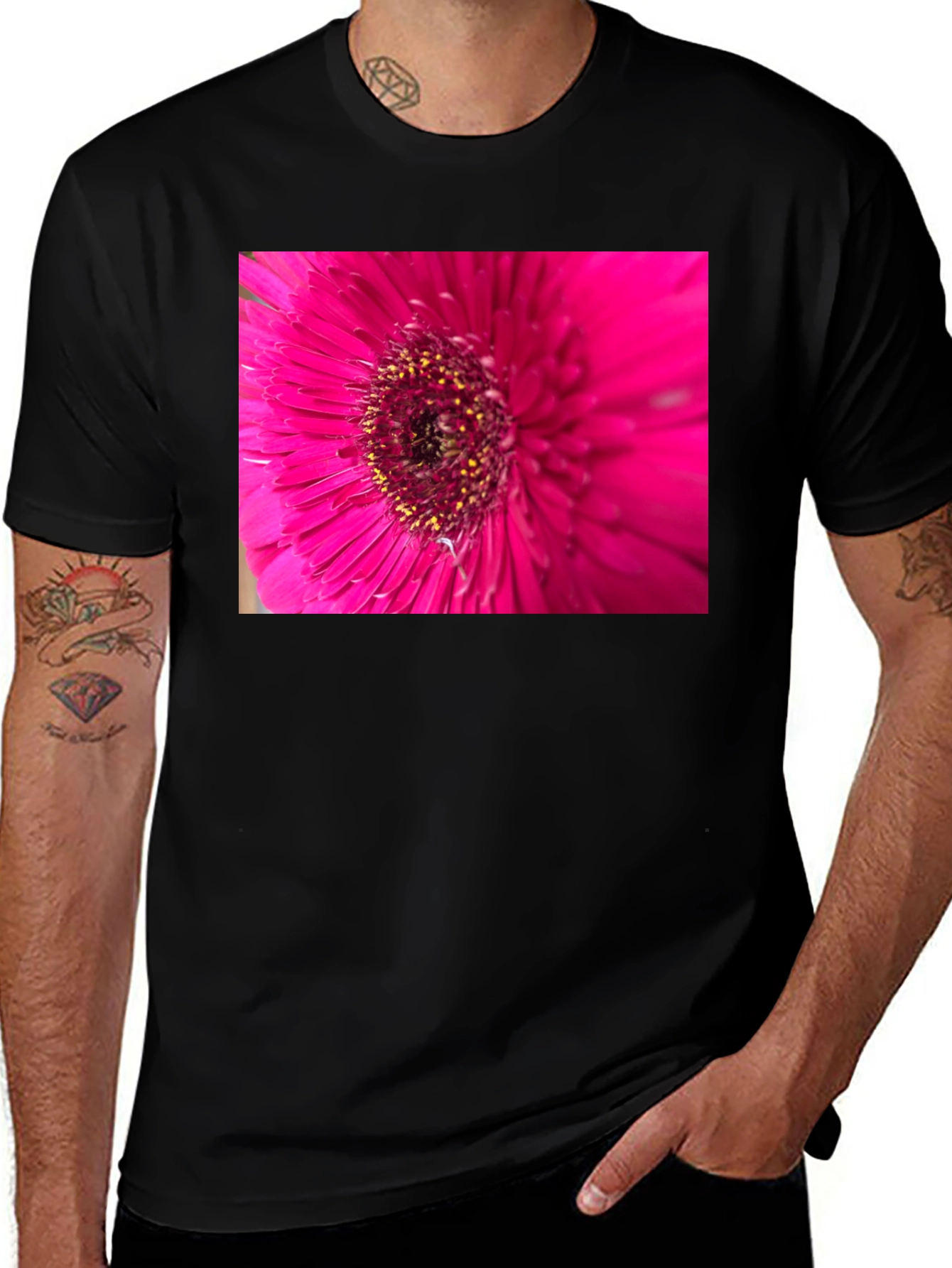 Variant 10 of Pink Flower Graphic Black T-Shirt