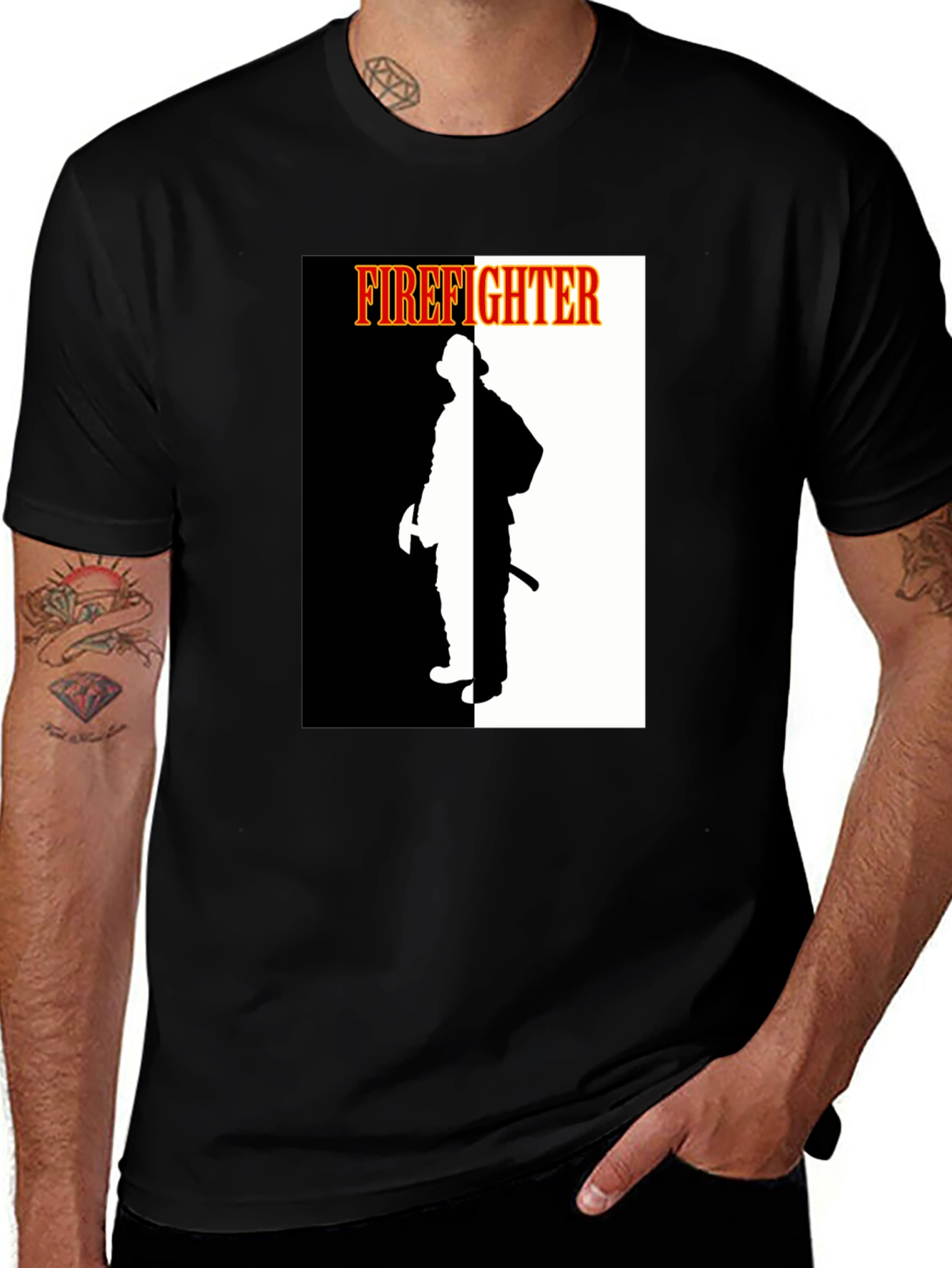 Black Firefighter Graphic Tee - Black Crew Neck Shirt main image