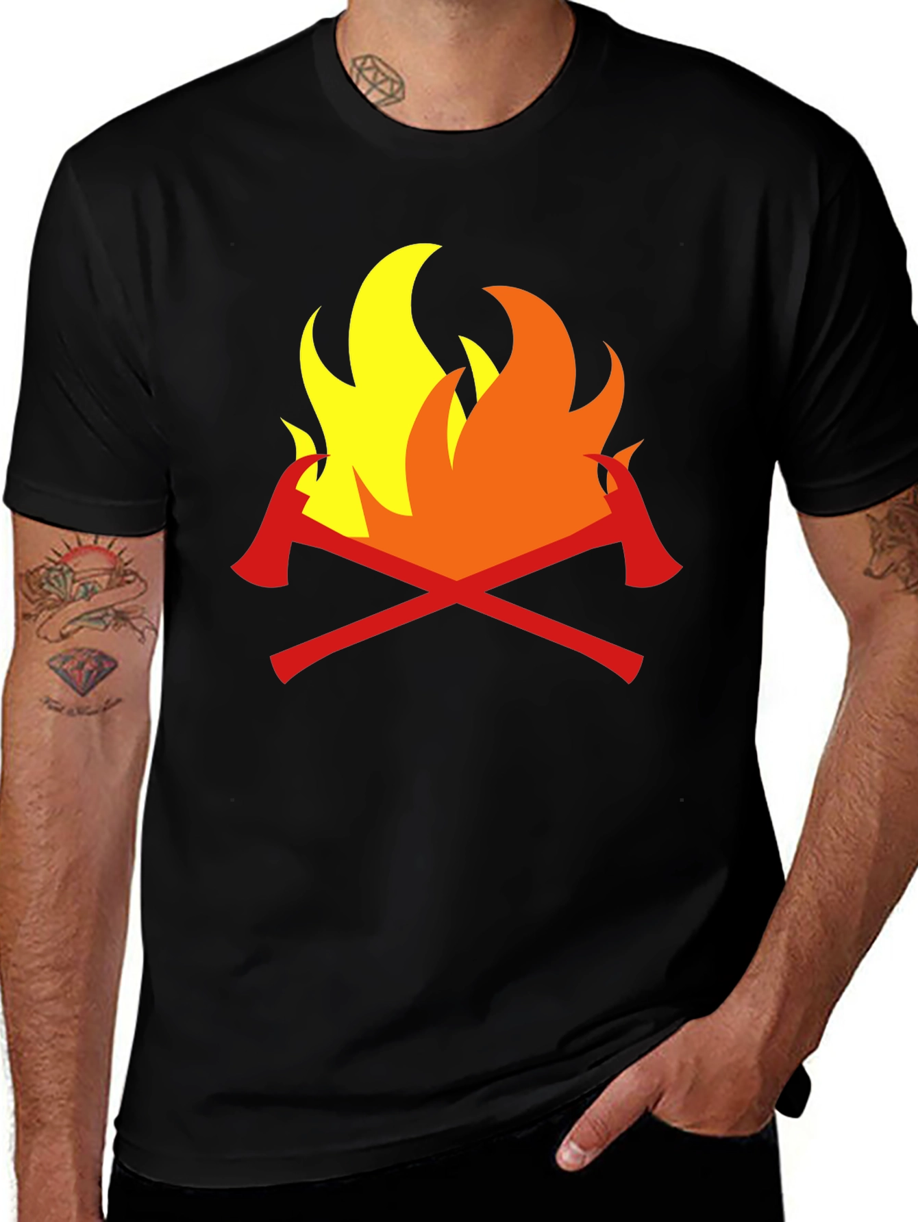 Variant 3 of Firefighter Axes Flames Graphic Tee - Black Cotton