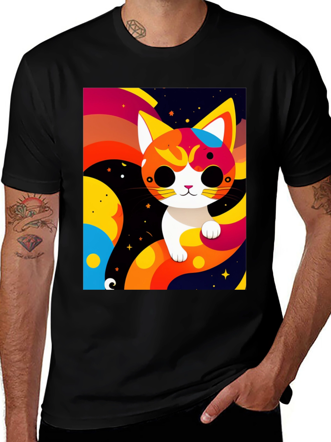 Black Cartoon Cat Graphic Tee - Modern Artistic Design main image