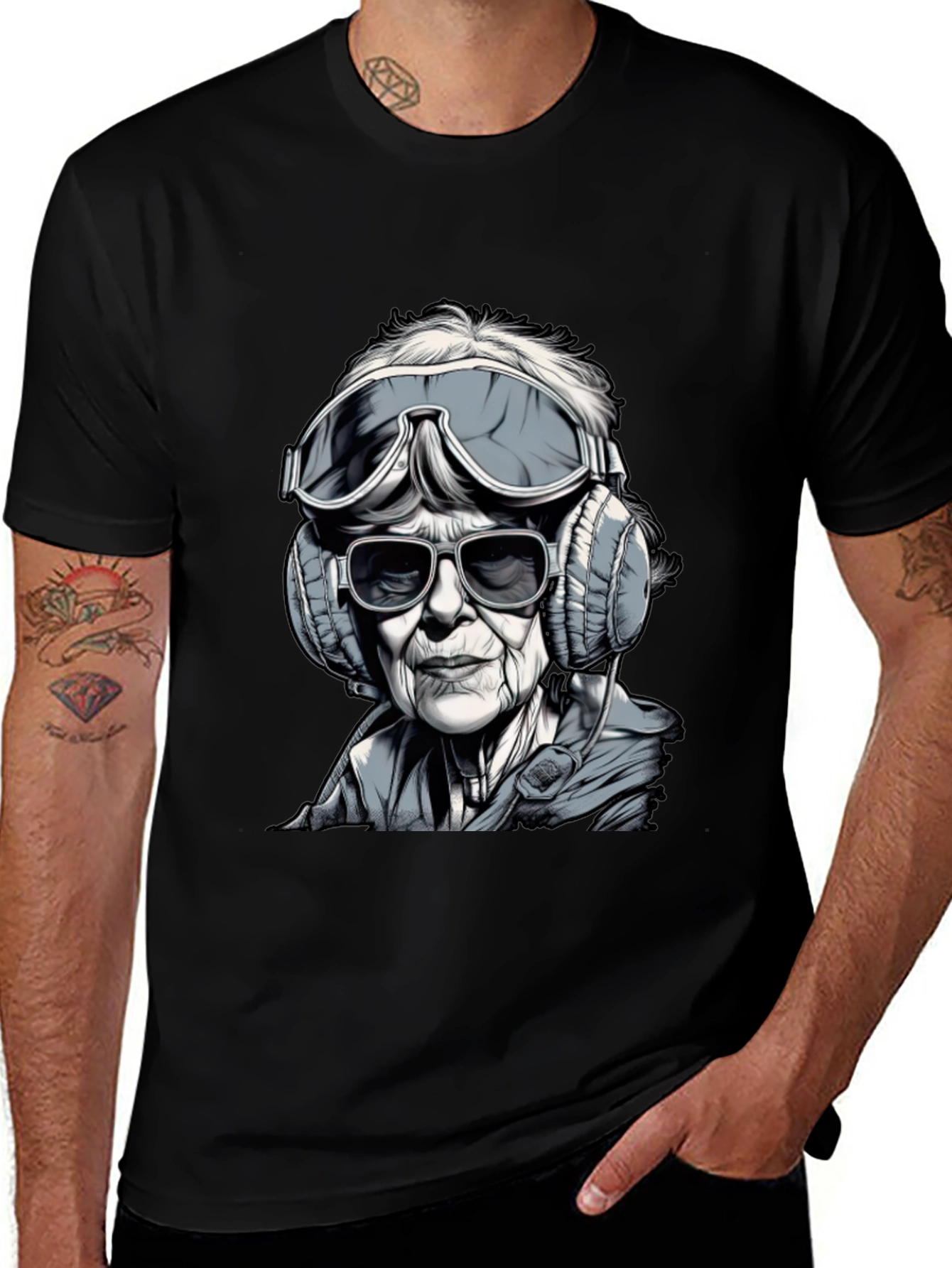 Variant 7 of Granny Rave T-Shirt: Cool Old Lady with Headphones & Goggles