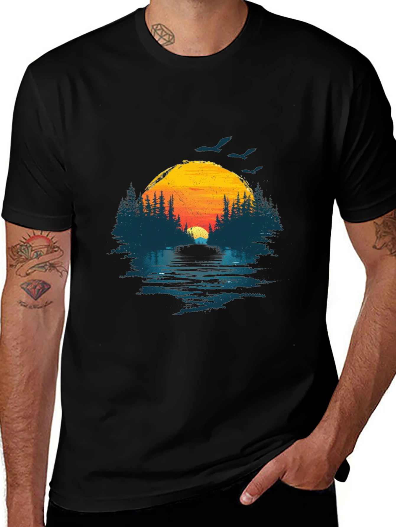 Variant 19 of Sunset Lake Graphic Tee - Nature Design Black T-Shirt