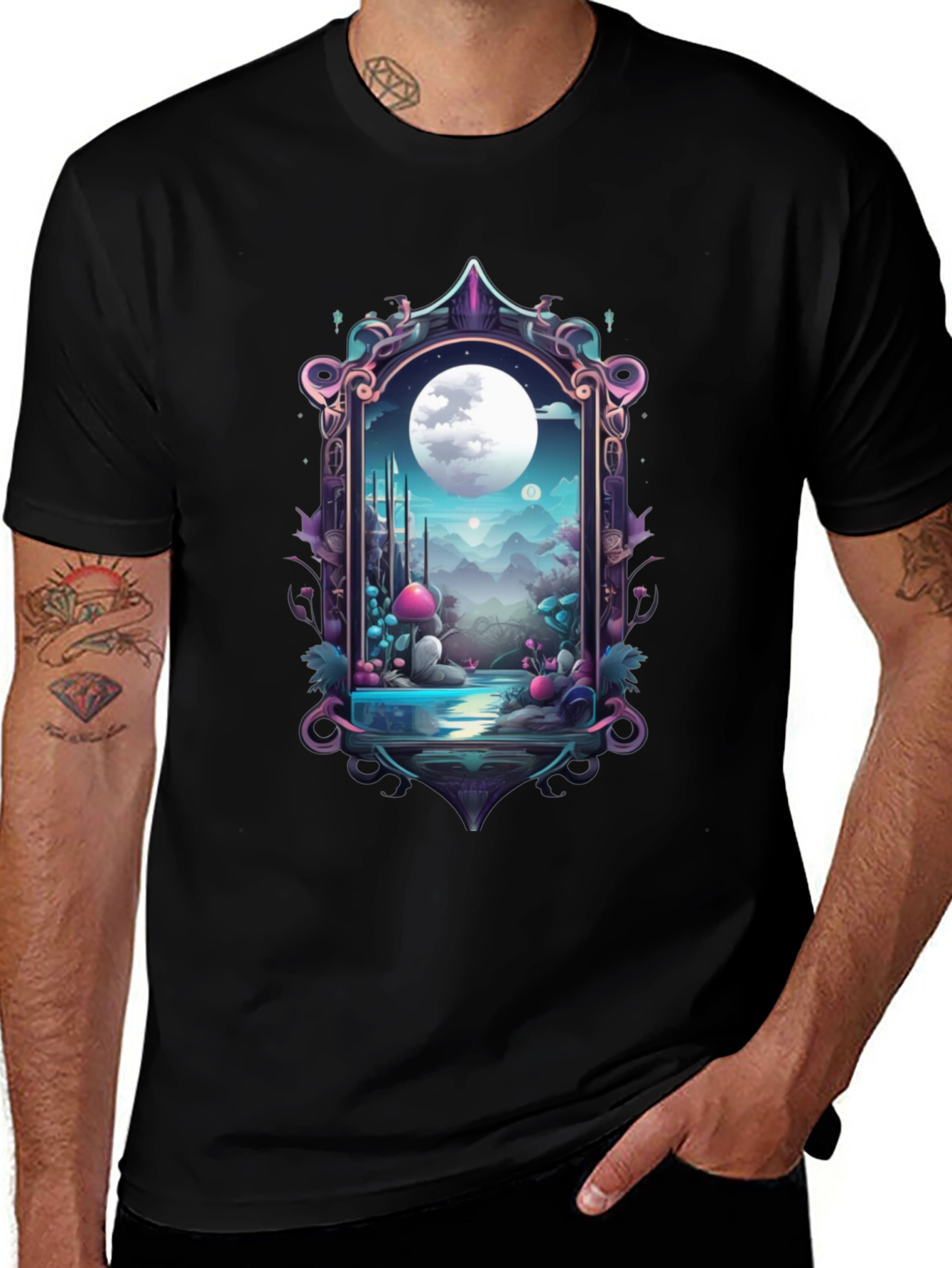 Variant 24 of Mystical Moon Portal Graphic Tee - Fantasy Black T-Shirt