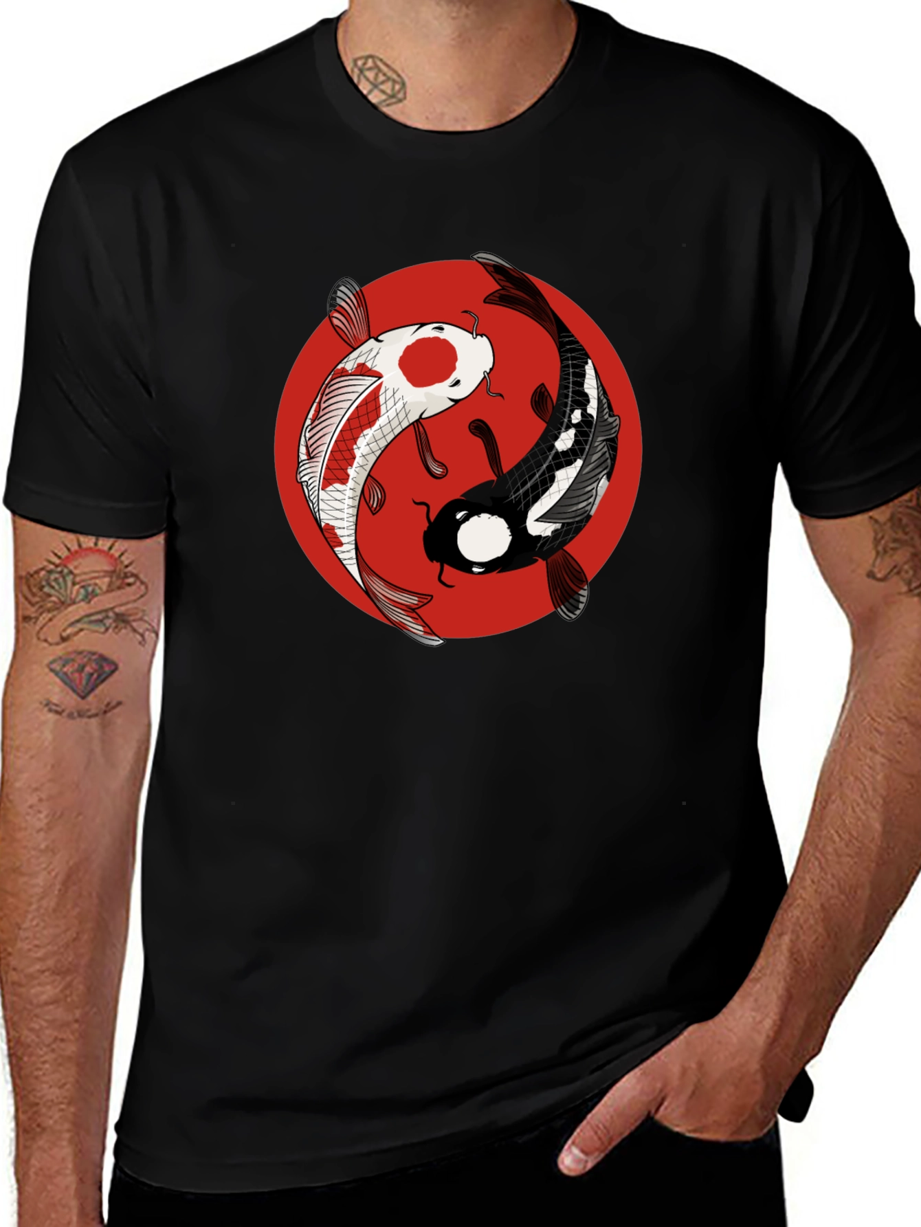 Variant 15 of Yin Yang Koi Fish Graphic Tee - Black Cotton T-Shirt