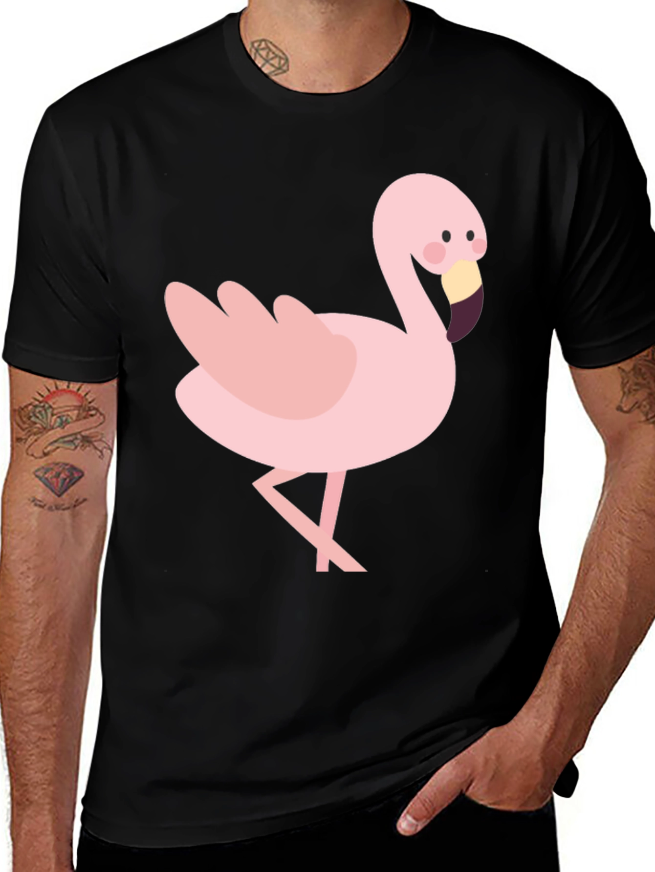 Variant 9 of Whimsical Flamingo Graphic Tee - Black Cotton Blend Shirt