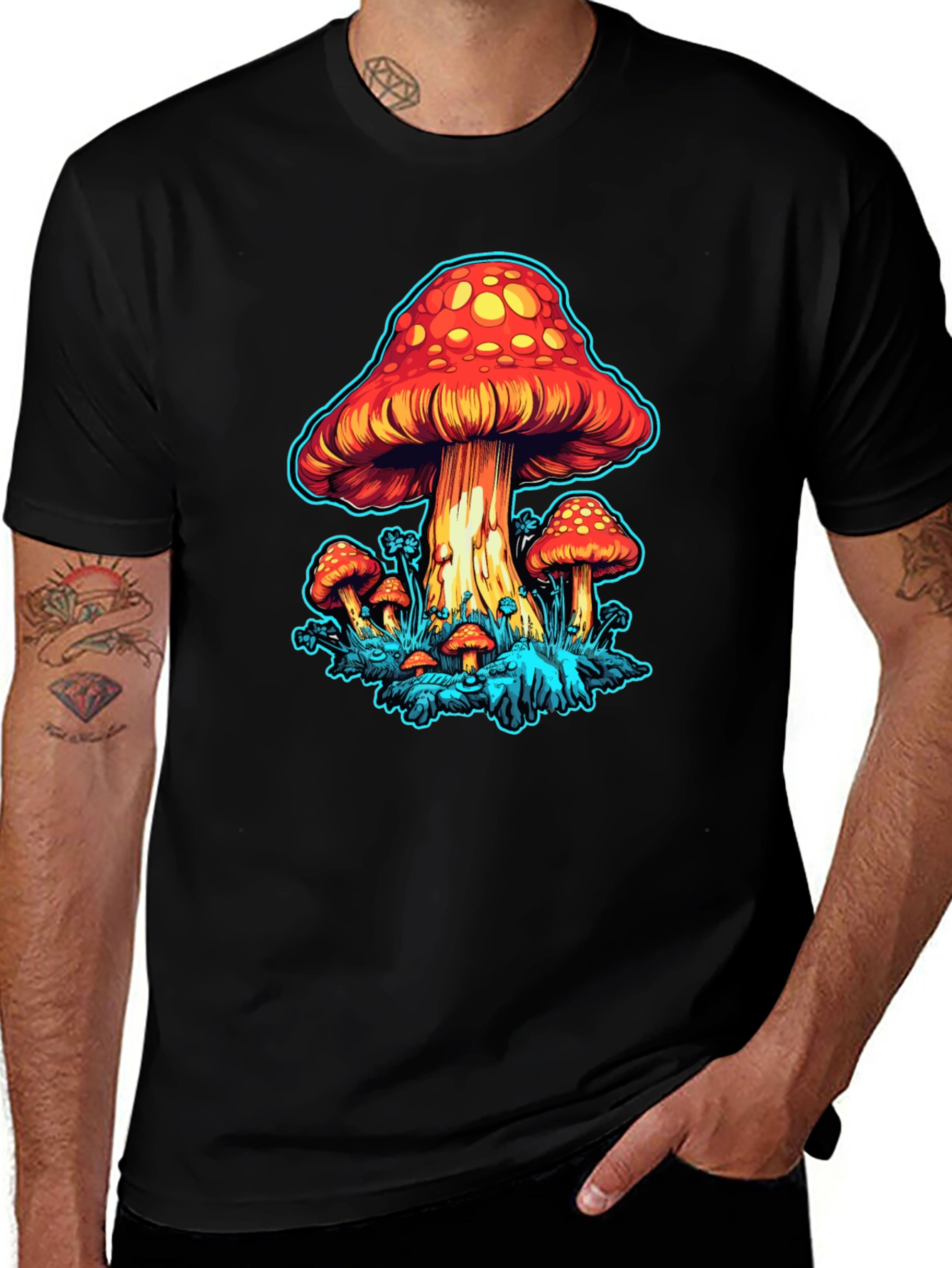Variant 17 of Psychedelic Mushroom Graphic Tee - Black Cotton