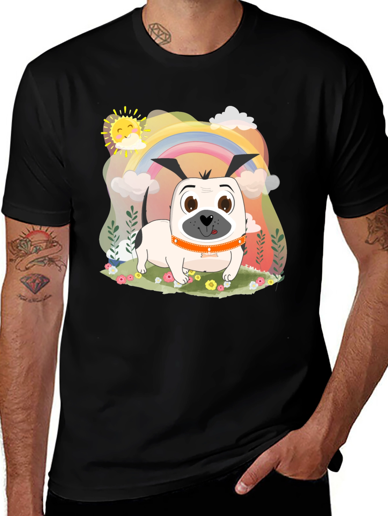 Dog Rainbow Graphic Tee - Black Cotton