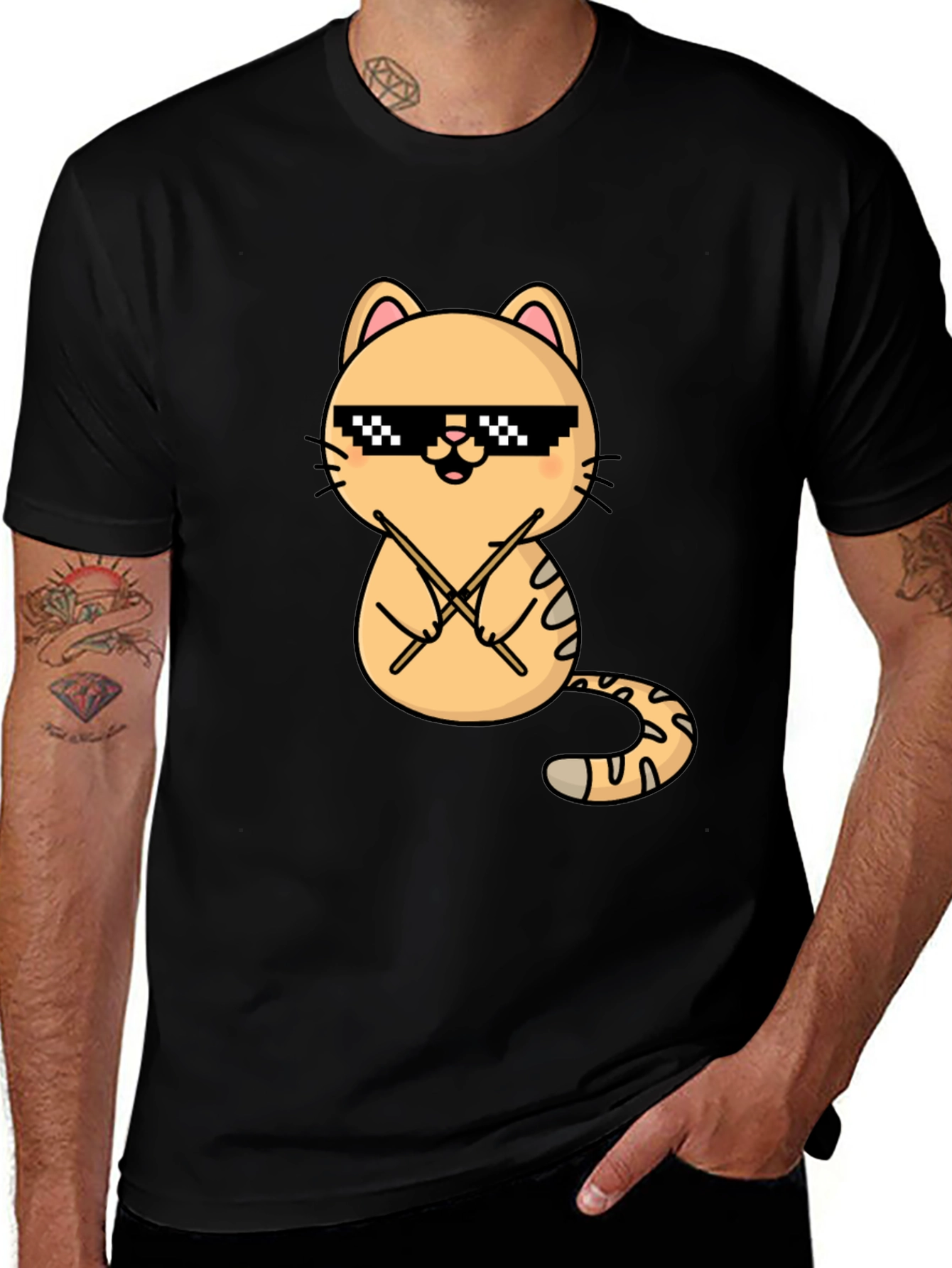 Variant 14 of Cool Cat Drummer Black T-Shirt