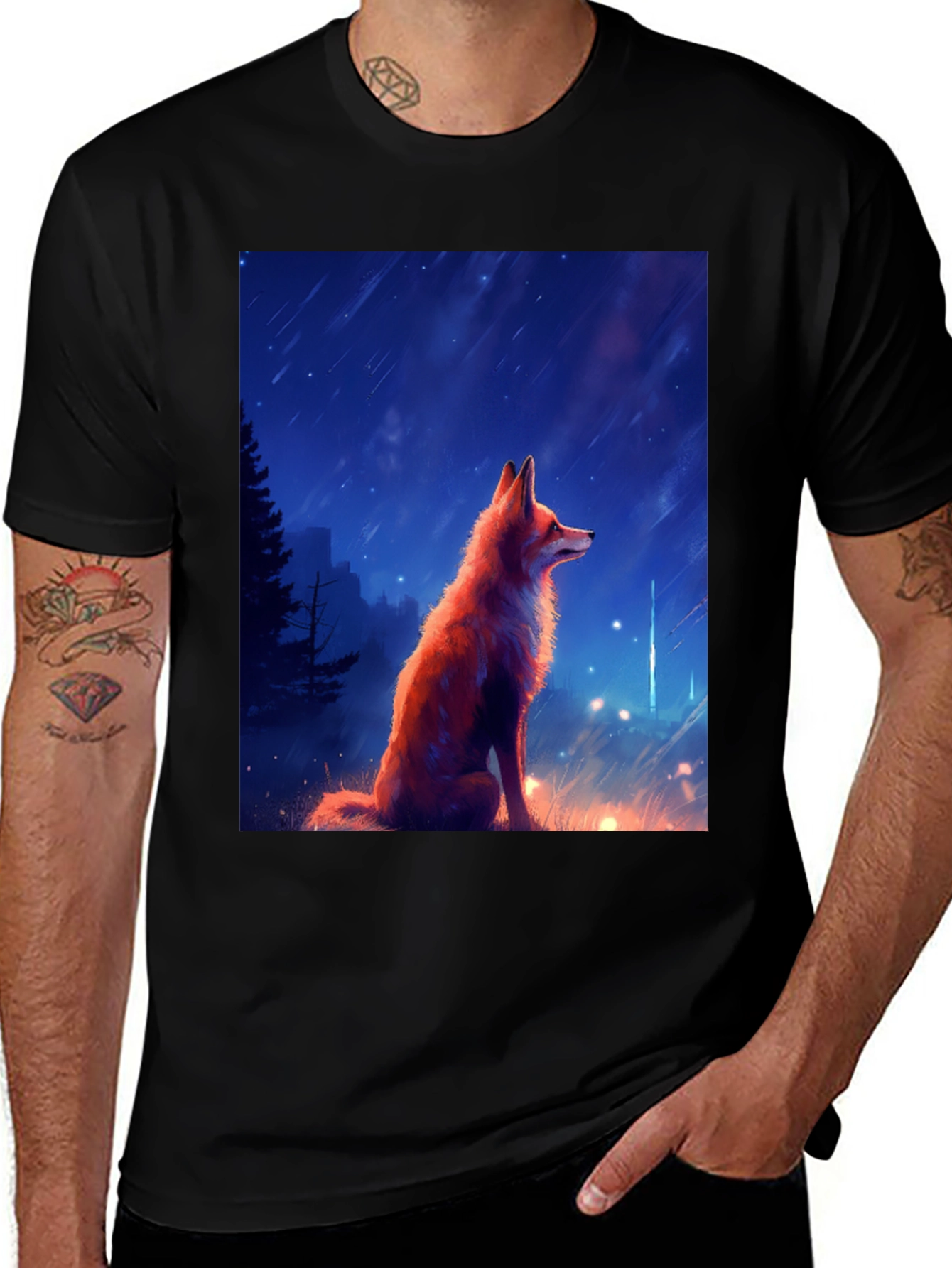 Variant 22 of Fox in Starlight Black T-Shirt - Artistic Design