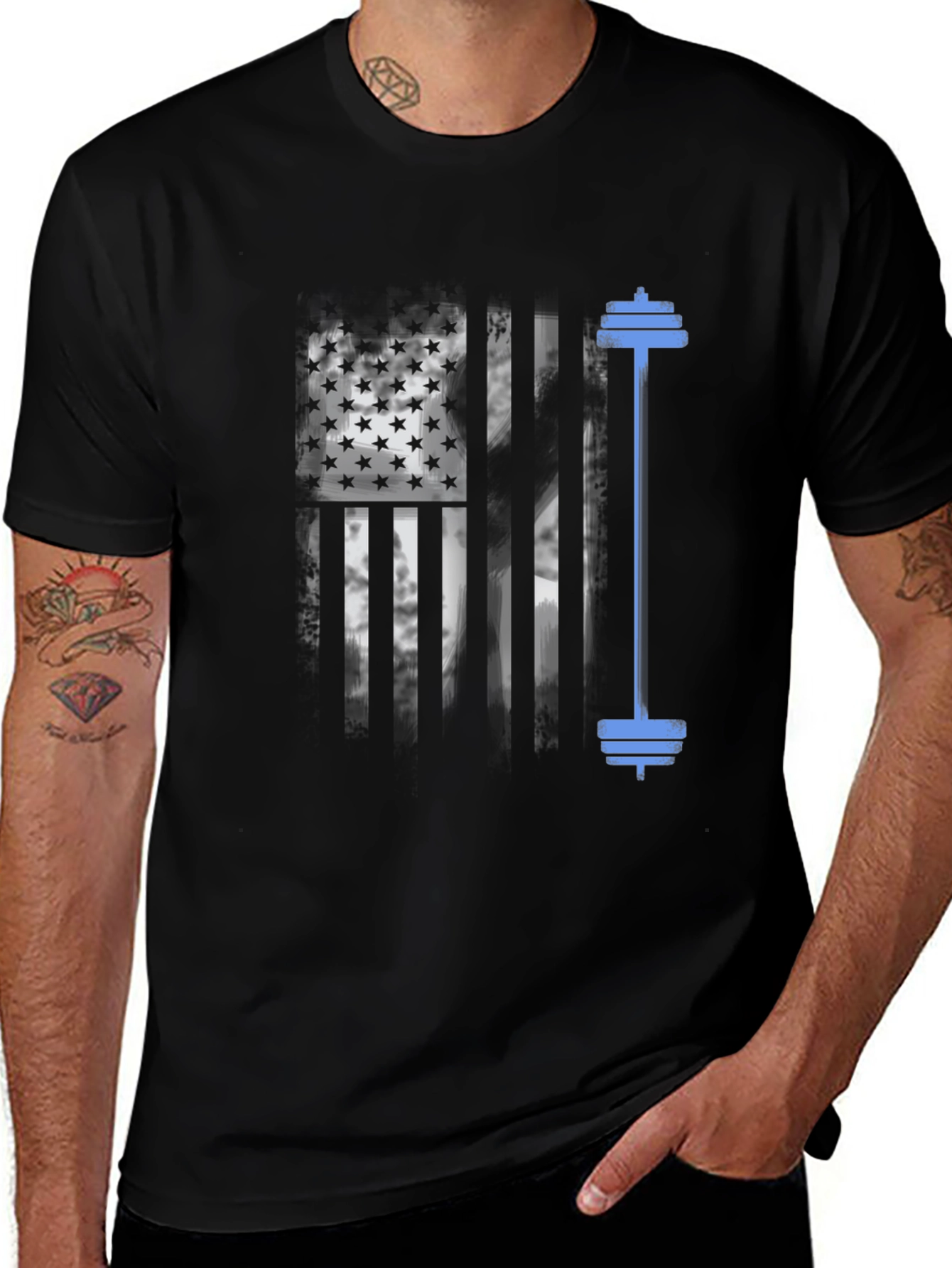 Variant 19 of Patriotic Fitness T-Shirt - American Flag Barbell Design