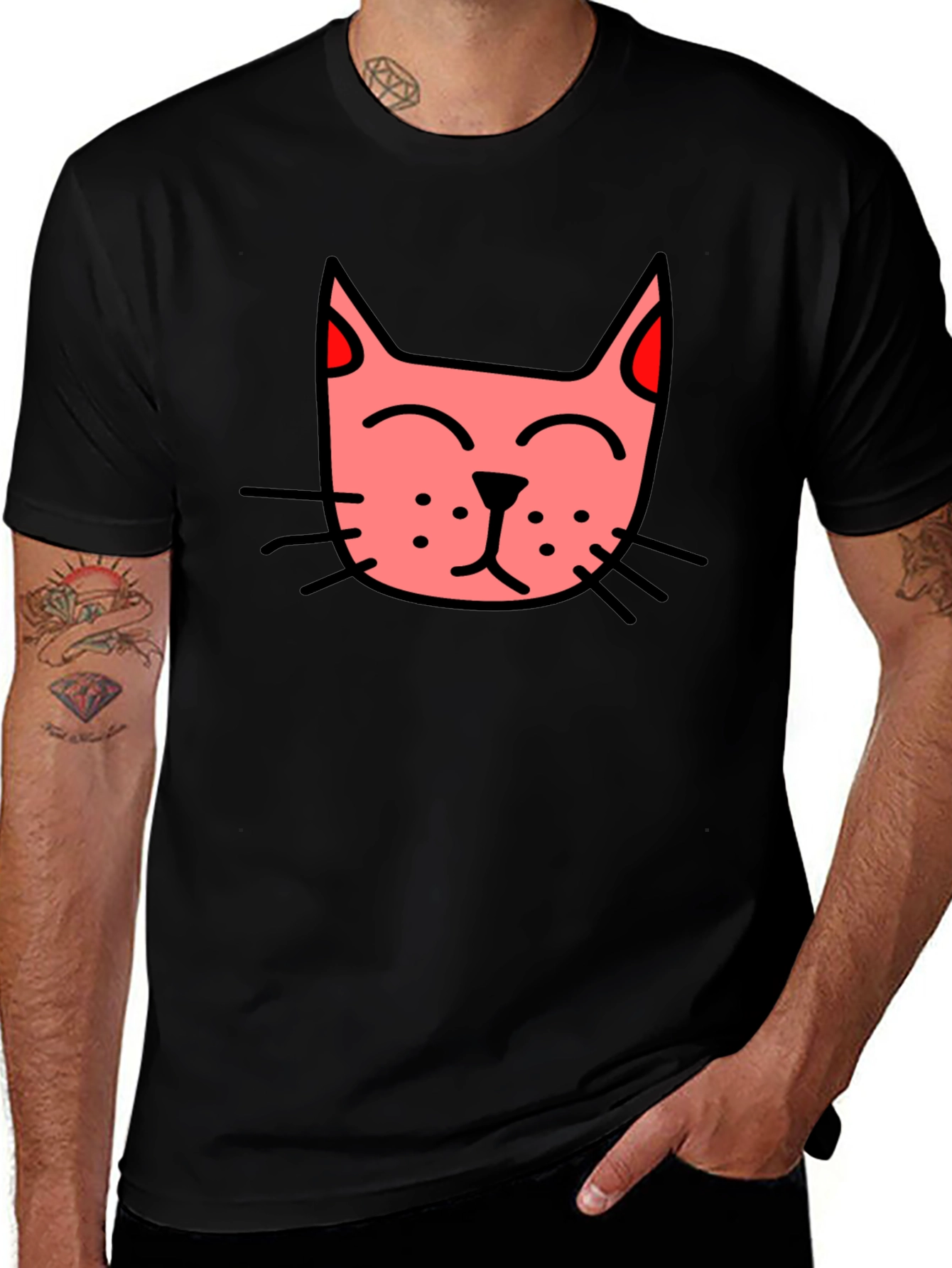 Variant 22 of Men's Black T-Shirt with Pink Cat Graphic