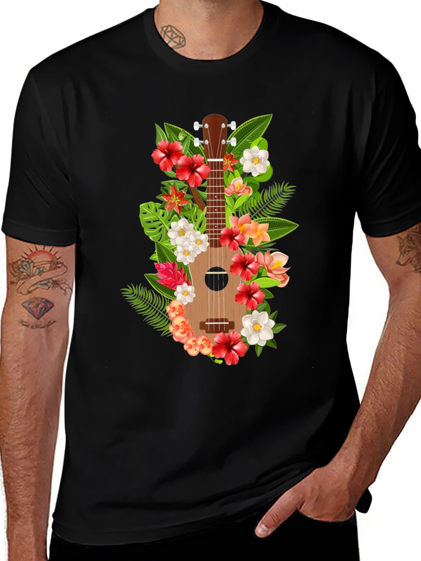 Black Floral Ukulele Black T-Shirt main image