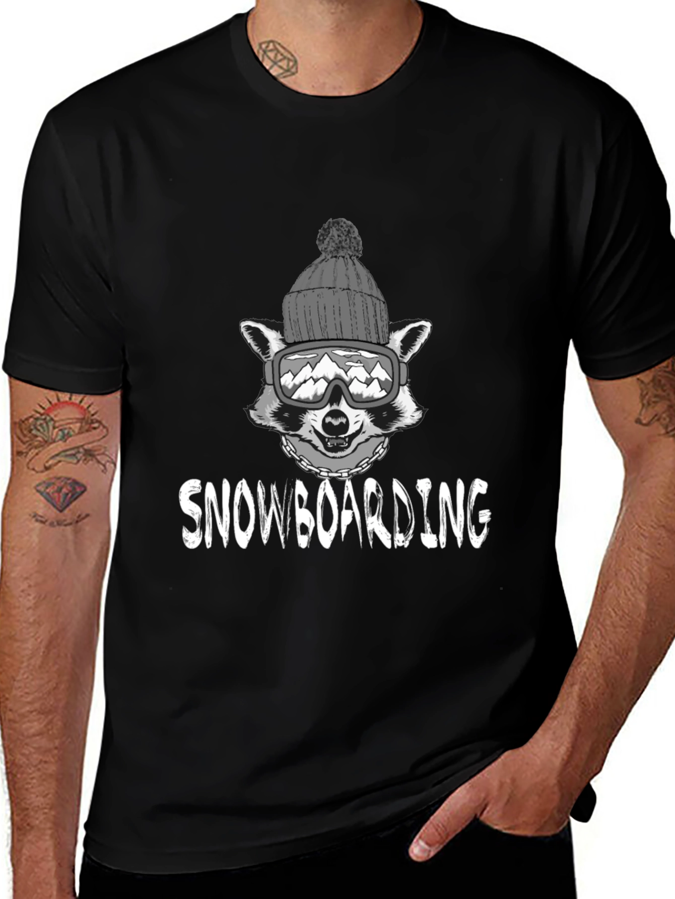 Variant 18 of Snowboarding Raccoon Graphic Tee - Black Cotton