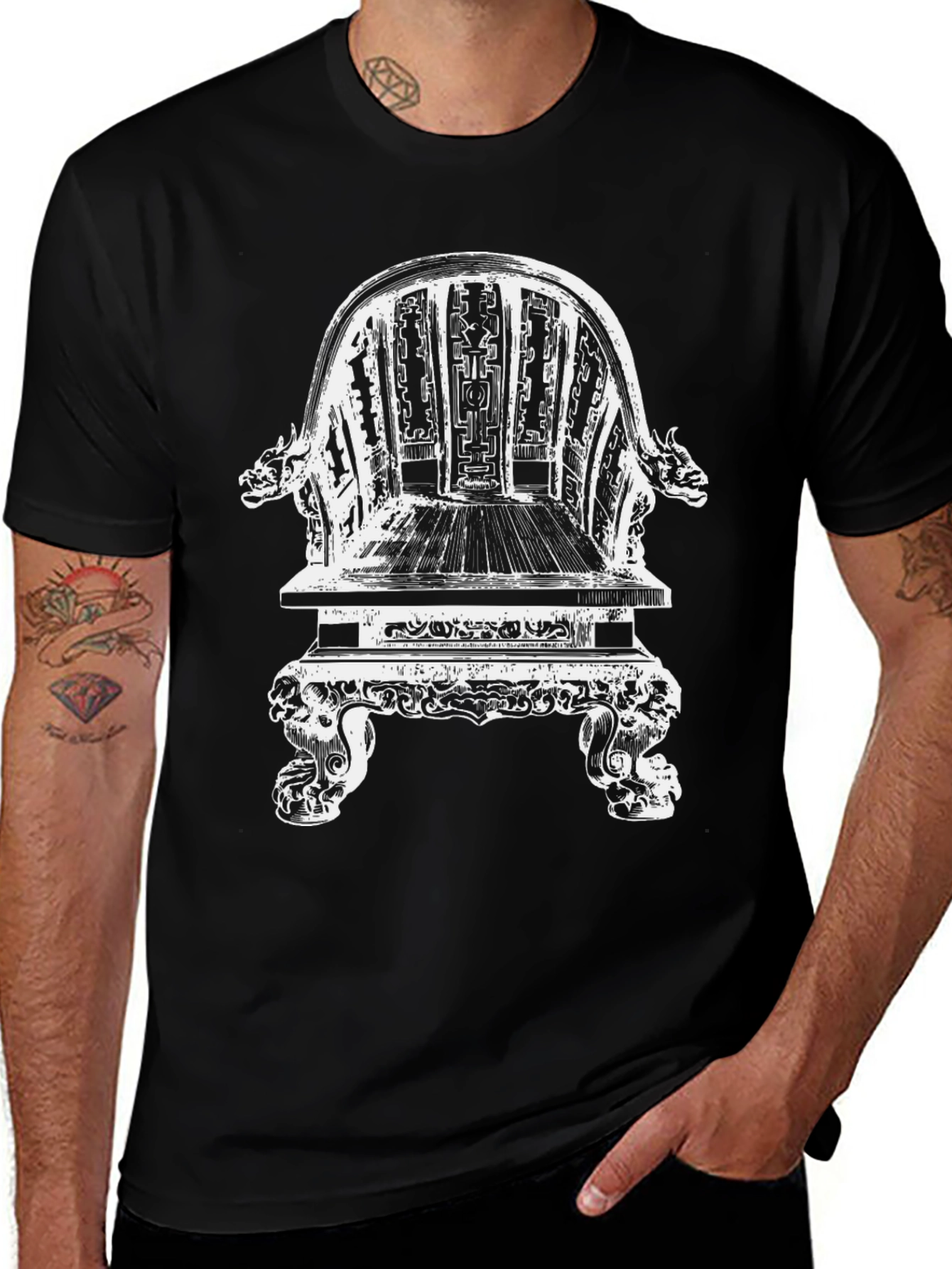 Variant 27 of Ornate Chair Graphic Tee - Black Cotton T-Shirt