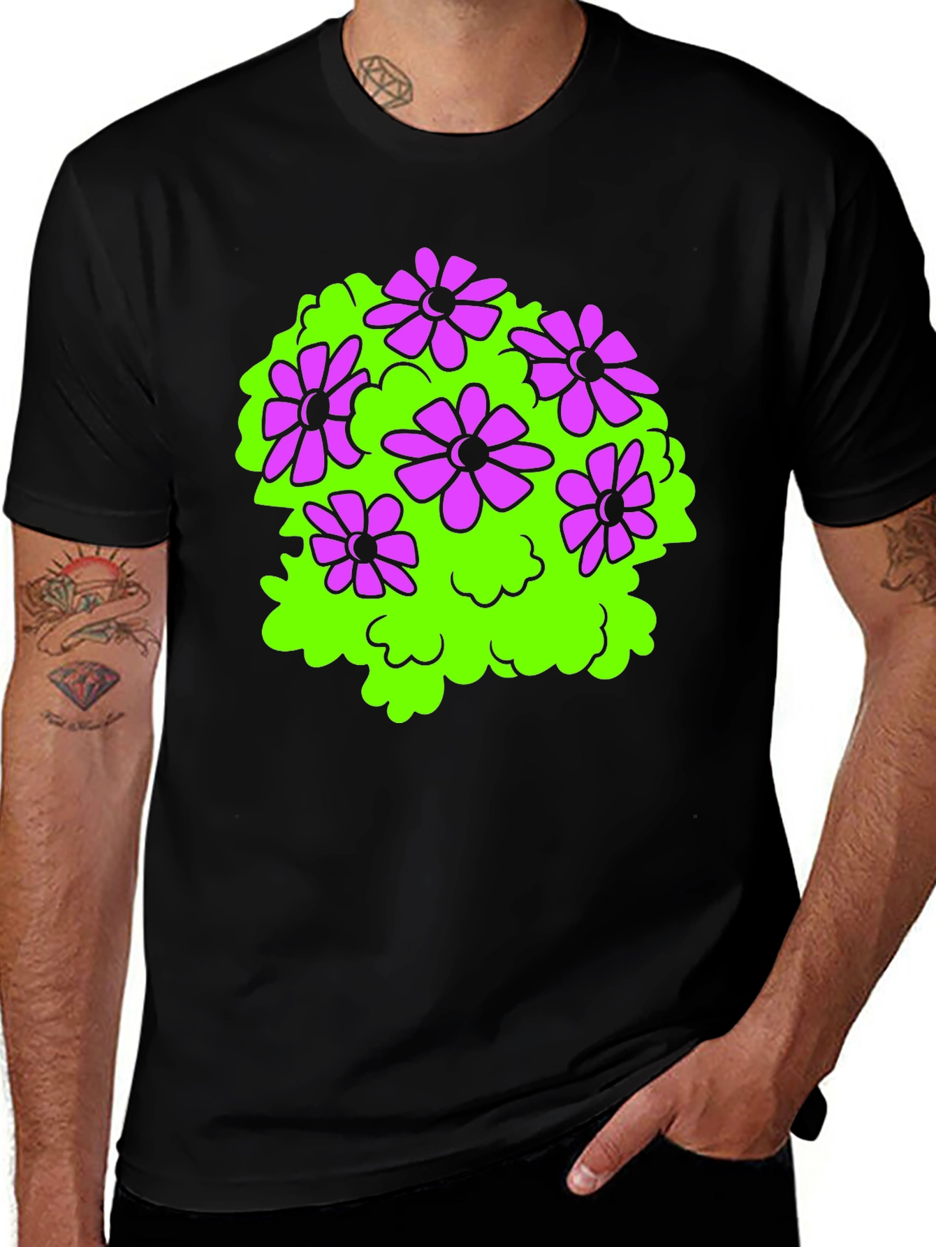 Variant 23 of Black T-Shirt with Floral Bush Design