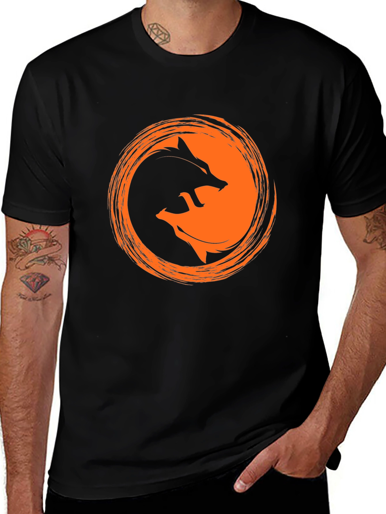 Variant 9 of Men's Black T-Shirt with Wolf Circle Graphic