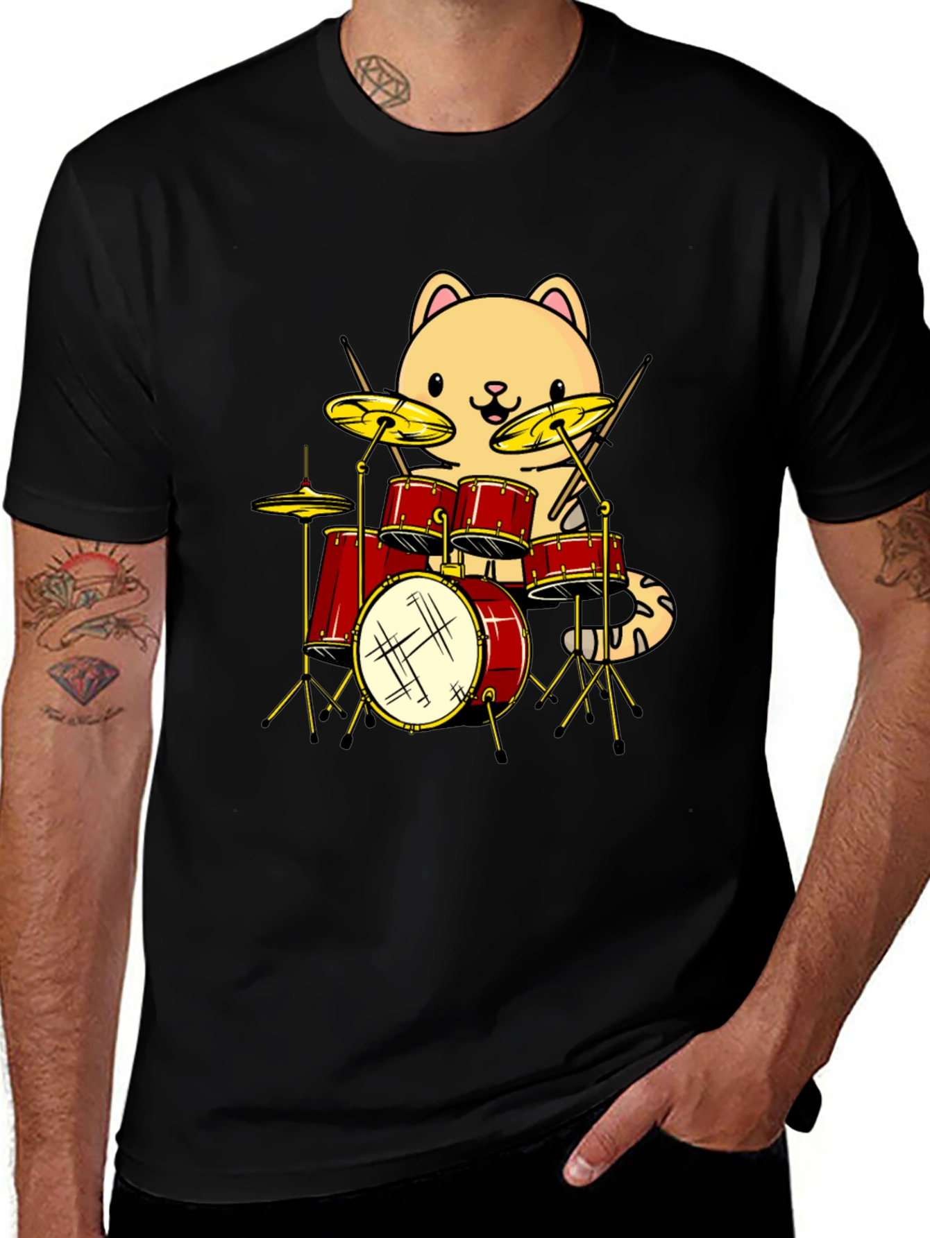 Variant 21 of Drummer Cat Graphic Tee - Black Cotton T-Shirt
