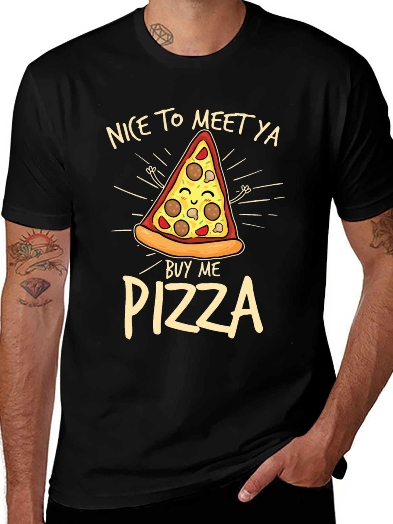 Variant 21 of Nice to Meet Ya Buy Me Pizza Black Graphic T-Shirt