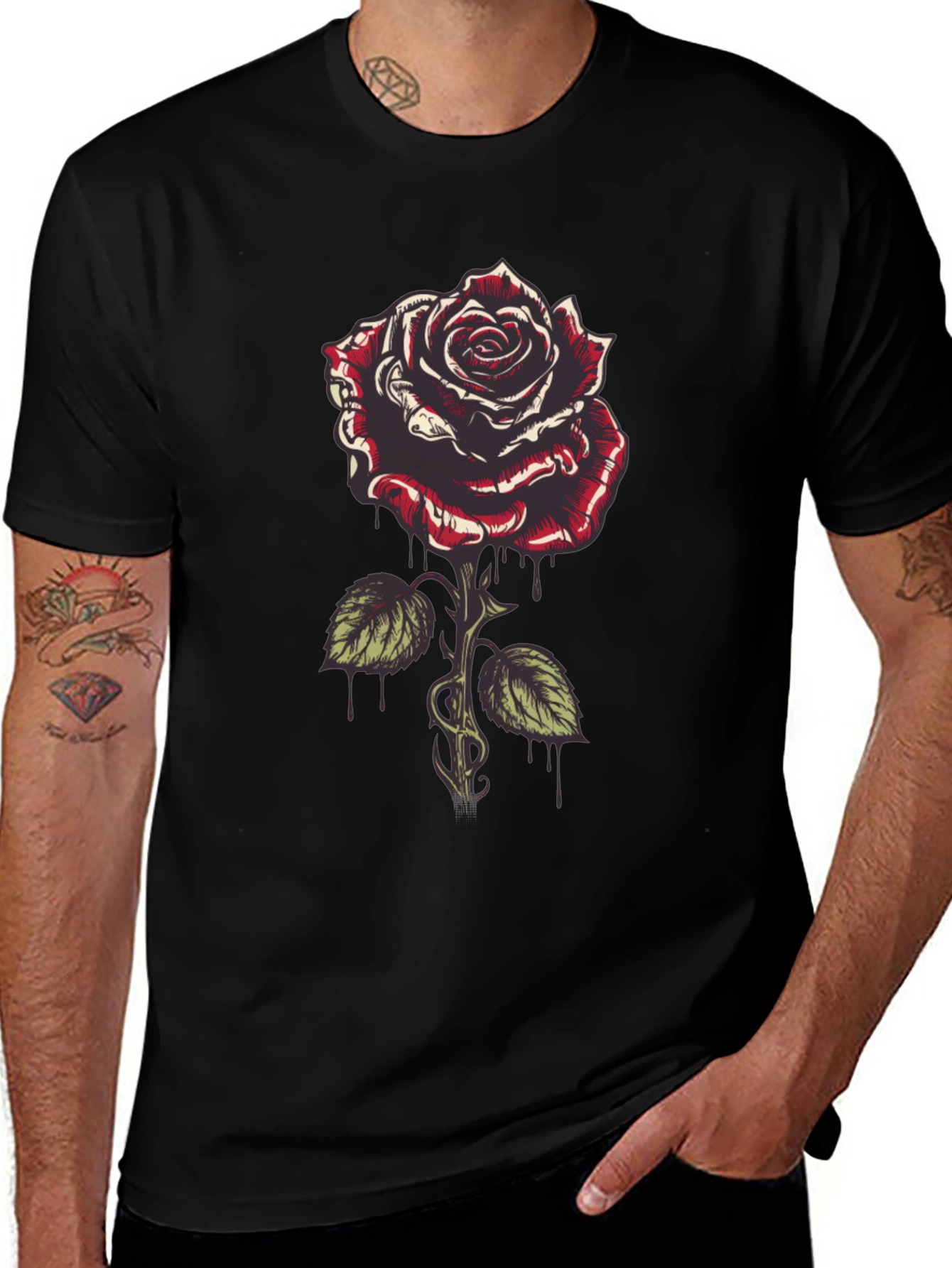 Variant 19 of Rose Graphic Tee - Men's Black Cotton T-Shirt