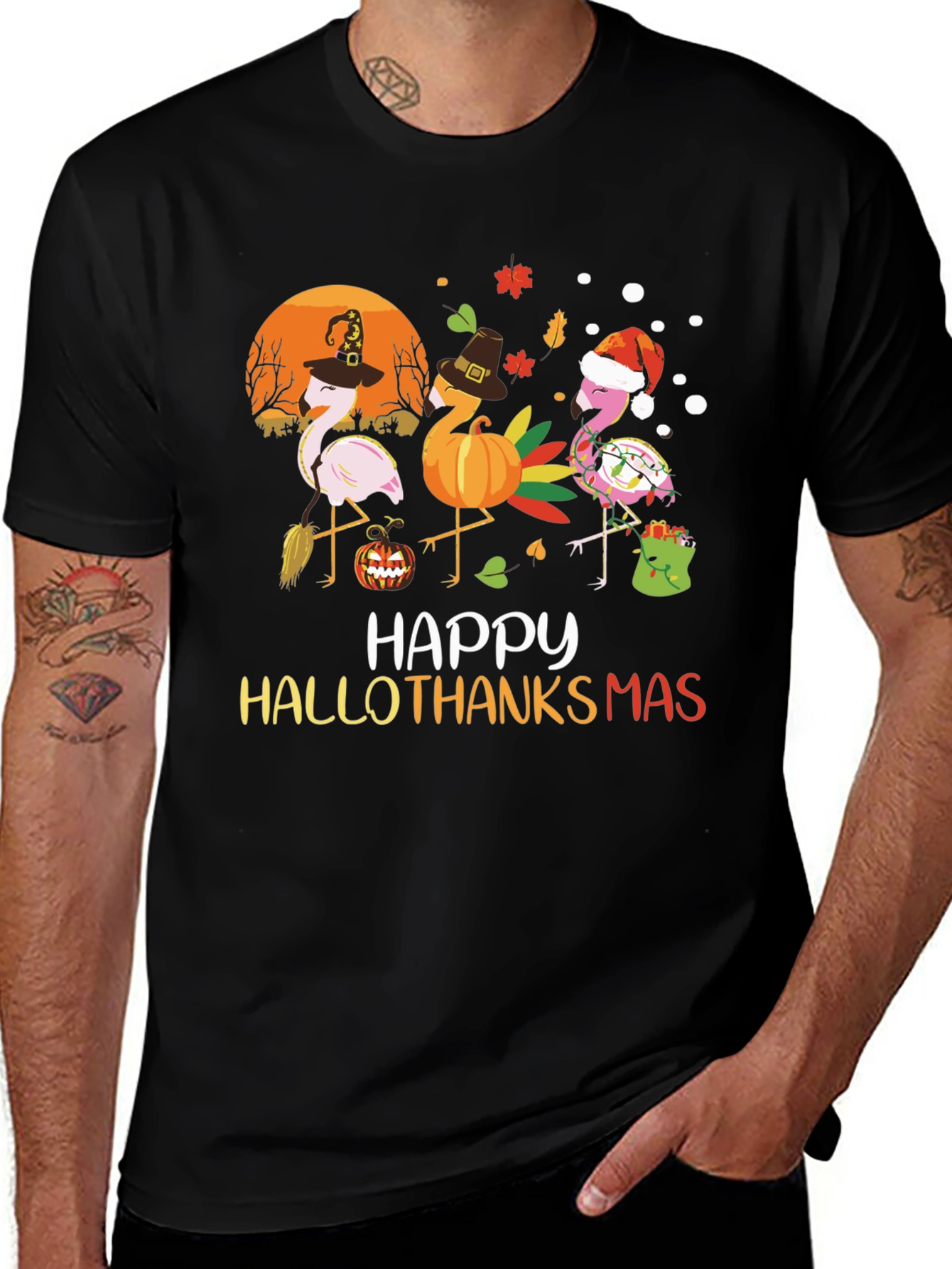 Variant 16 of Happy Hallothanksmas T-Shirt, Holiday Flamingos