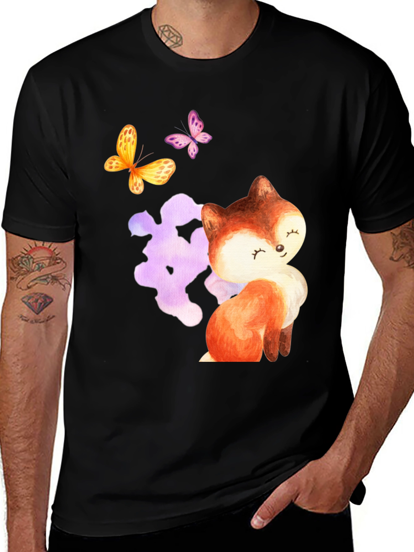 Black Cute Fox & Butterfly Graphic Tee - Stylish Comfort main image