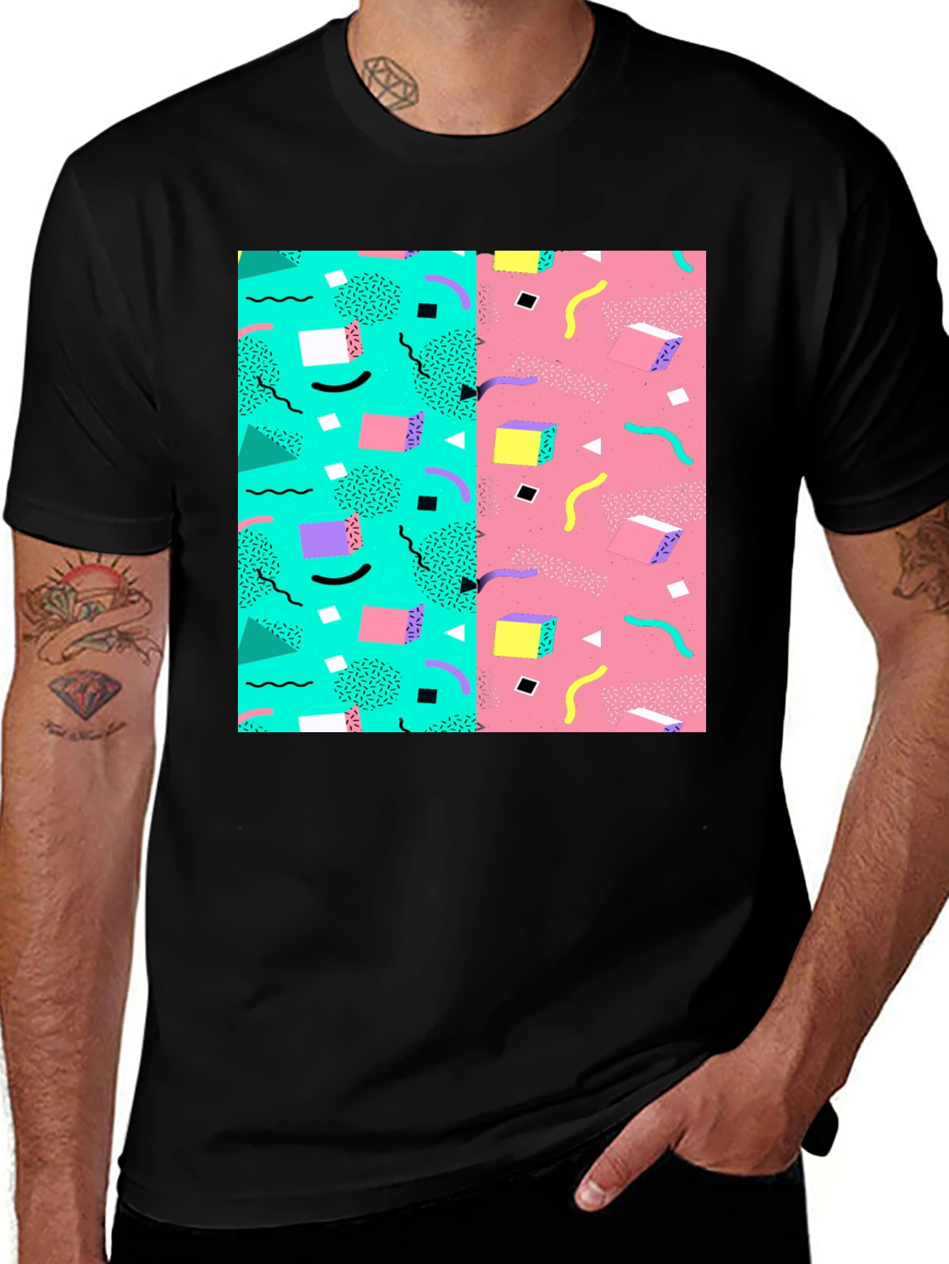 Variant 2 of Retro 90s Pattern T-Shirt - Black Cotton Tee