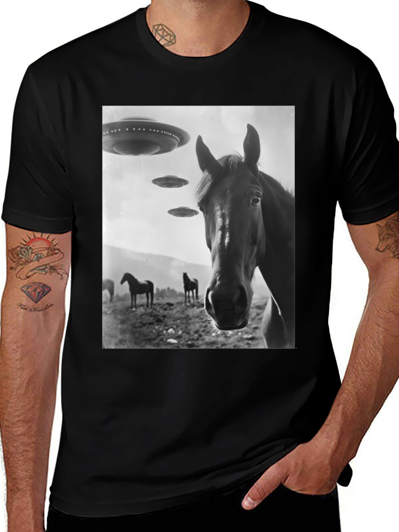 Variant 21 of Horse & UFO Black T-Shirt