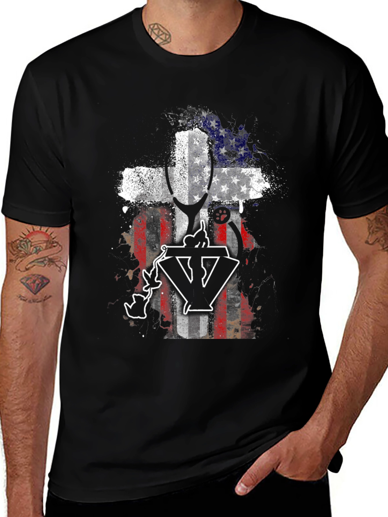 Patriotic Vet T-Shirt - USA Flag Cross Design