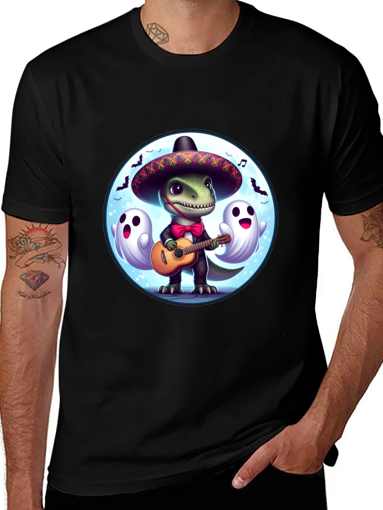Variant 18 of Dino Fiesta T-Shirt: Guitar Playing Dinosaur with Ghosts