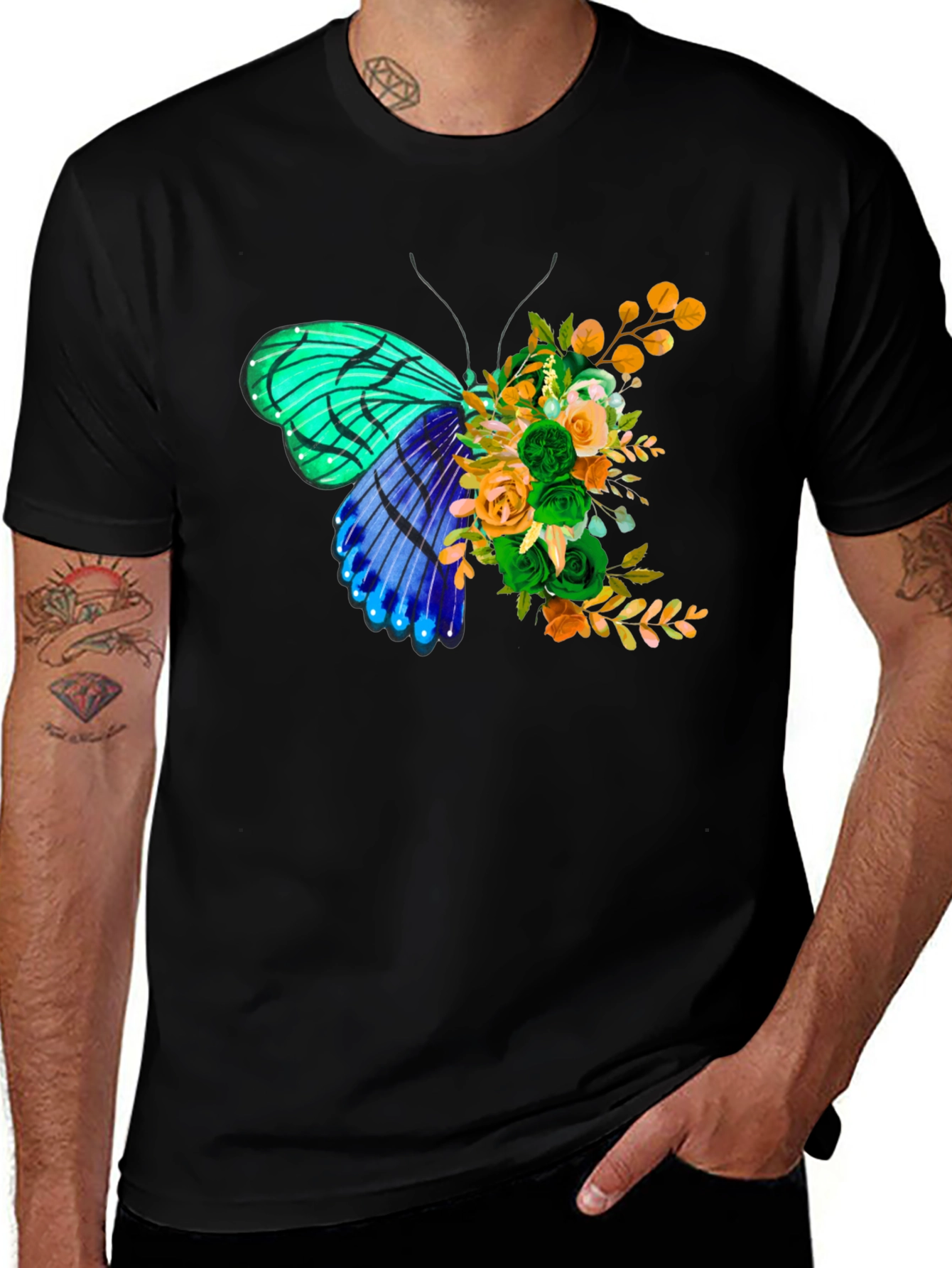 Variant 20 of Floral Butterfly Graphic Tee - Men's Black T-Shirt