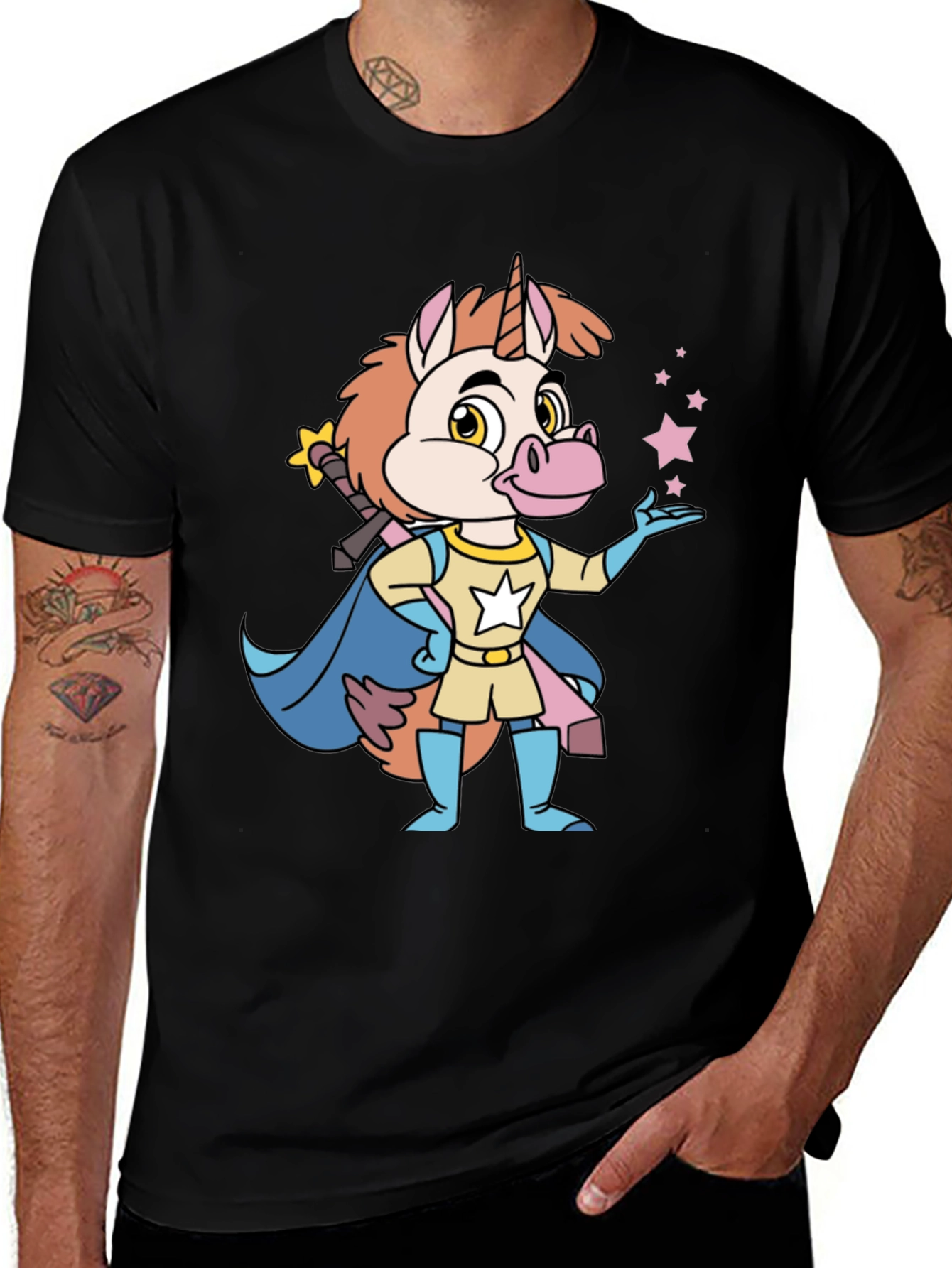 Variant 7 of Cartoon Unicorn Superhero Black T-Shirt