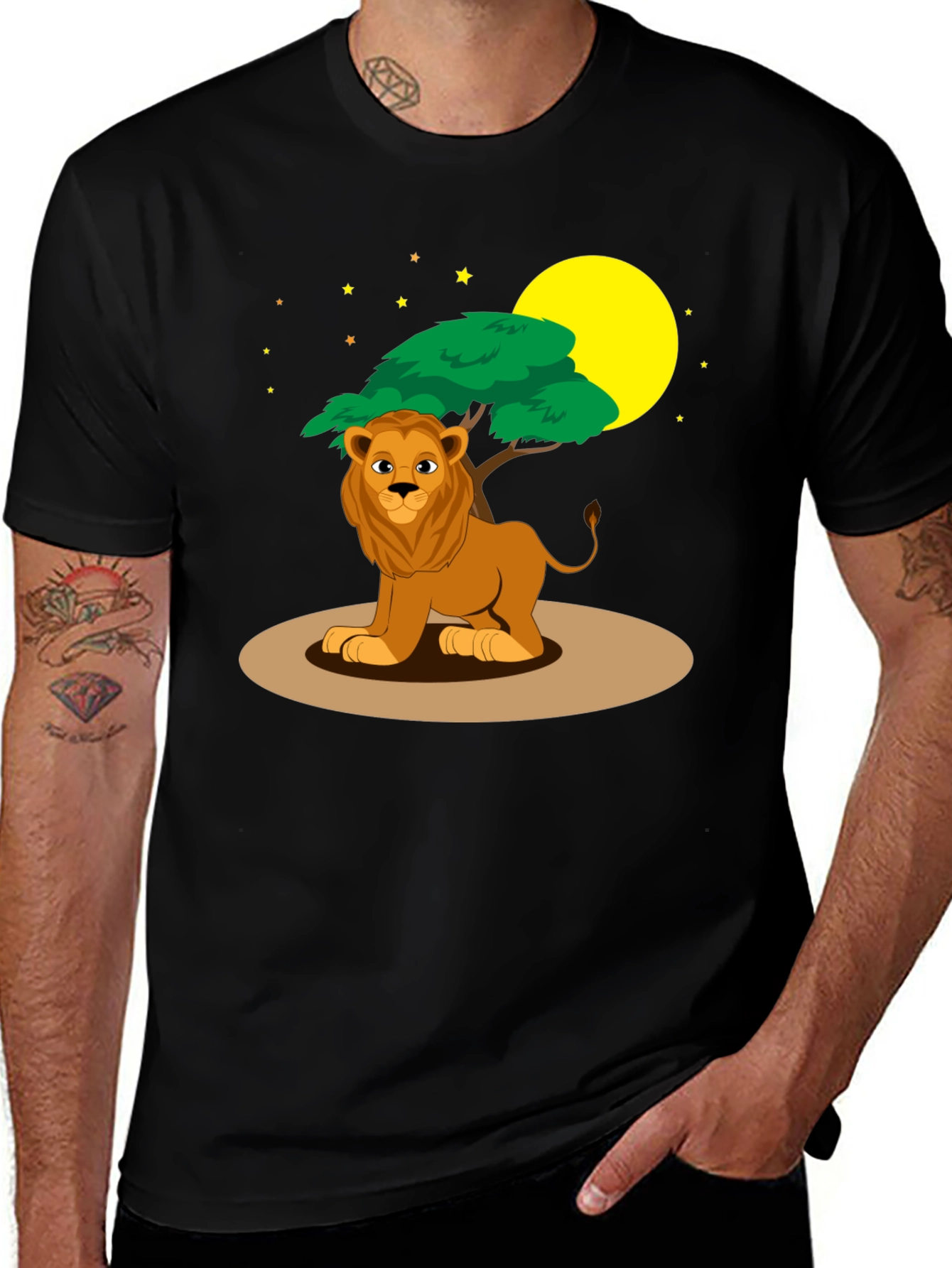 Cartoon Lion & Savannah Scene Black T-Shirt