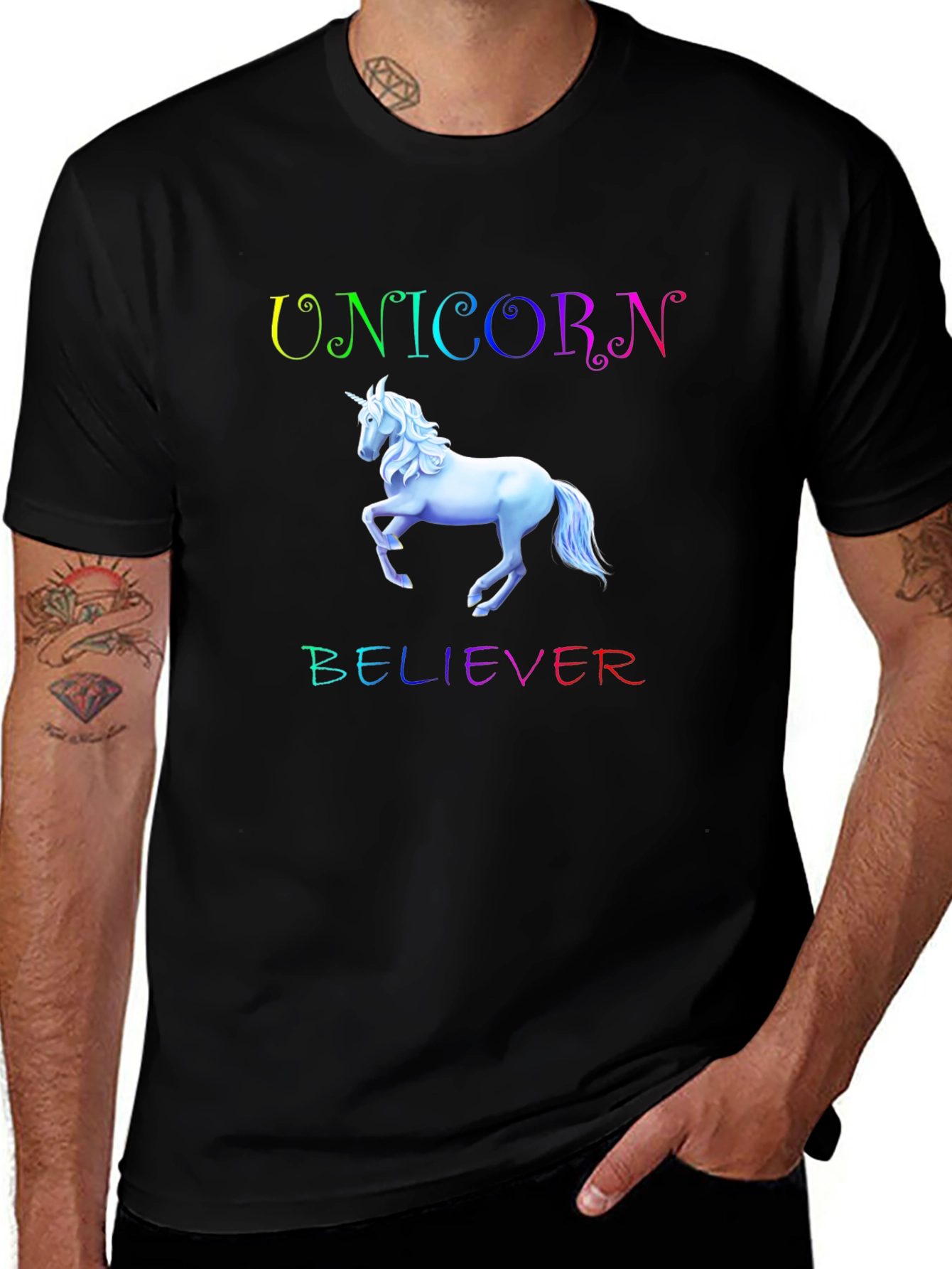 Variant 24 of Unicorn Believer Rainbow Text Black T-Shirt