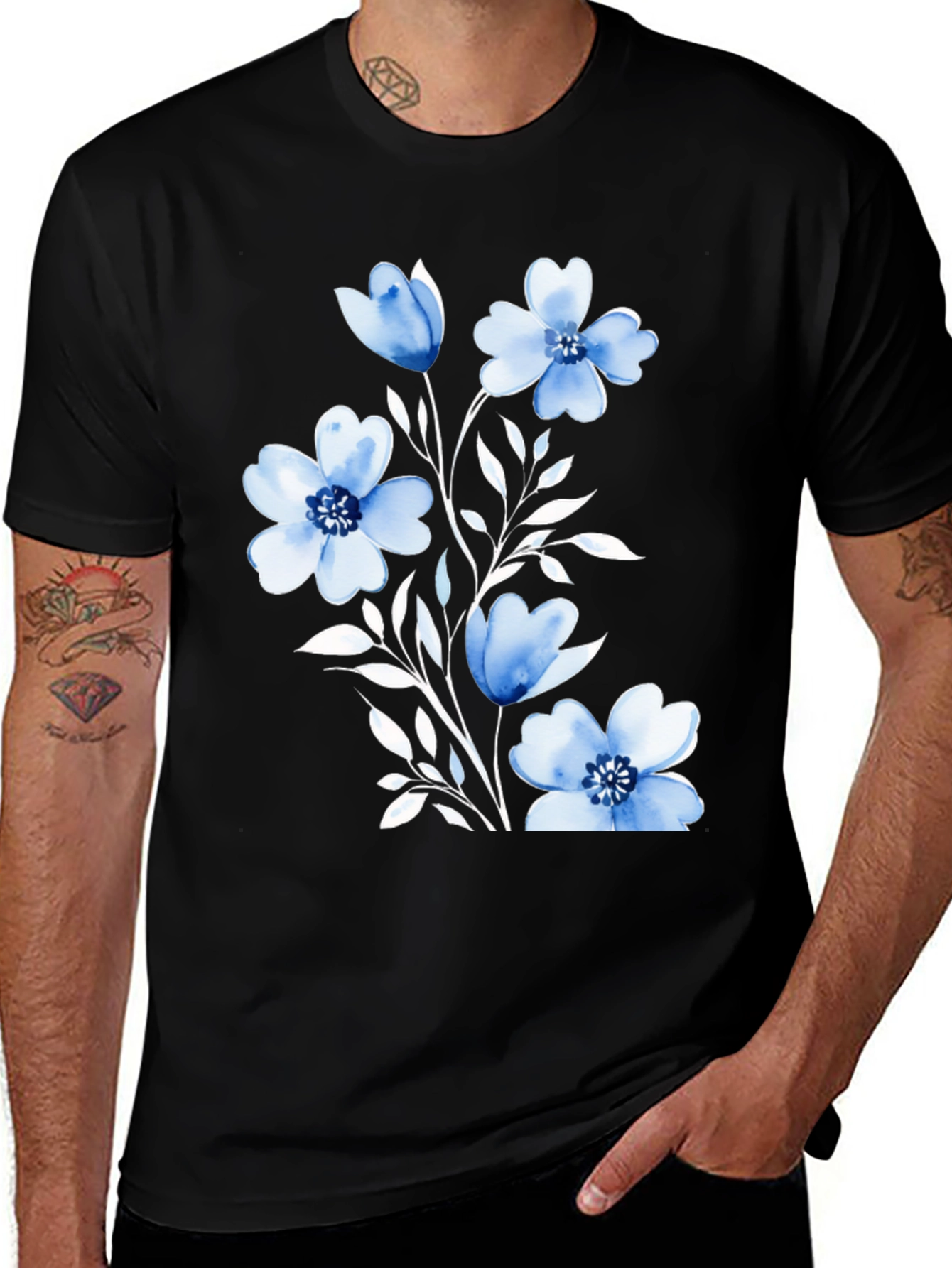 Variant 14 of Floral Print Black T-Shirt for Men