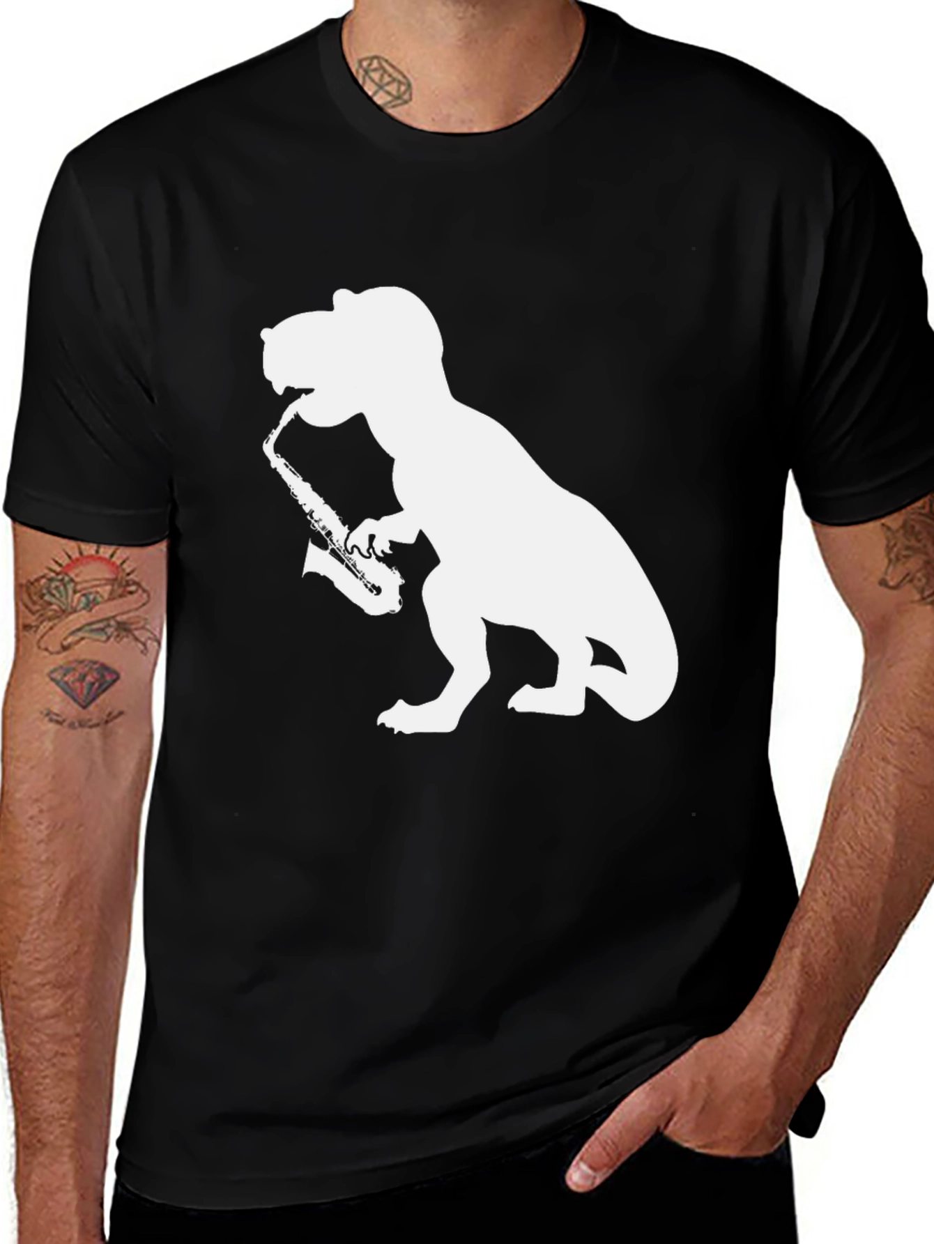 Variant 14 of T-Rex Saxophone Men's Black Graphic Tee