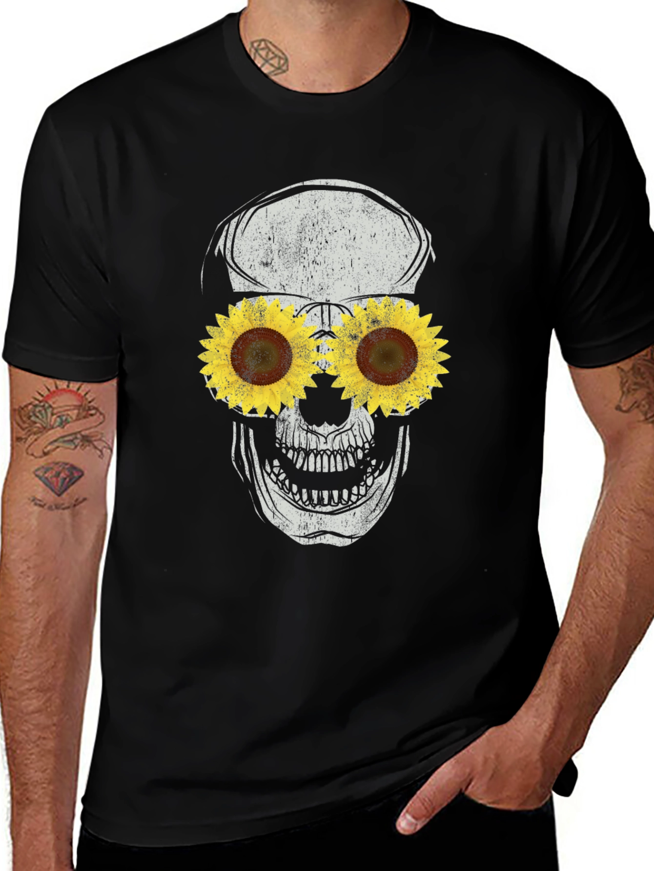 Variant 13 of Sunflower Skull Graphic Tee - Black Cotton T-Shirt