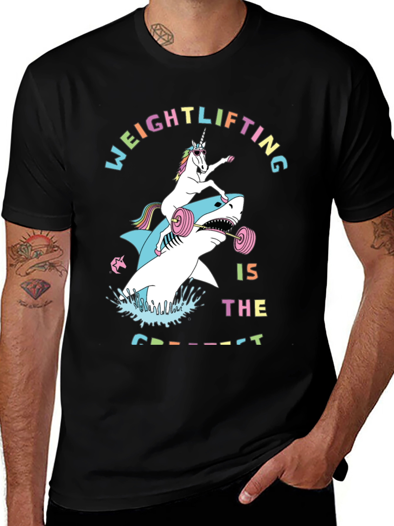 Variant 10 of Weightlifting Unicorn Riding Shark Graphic Tee