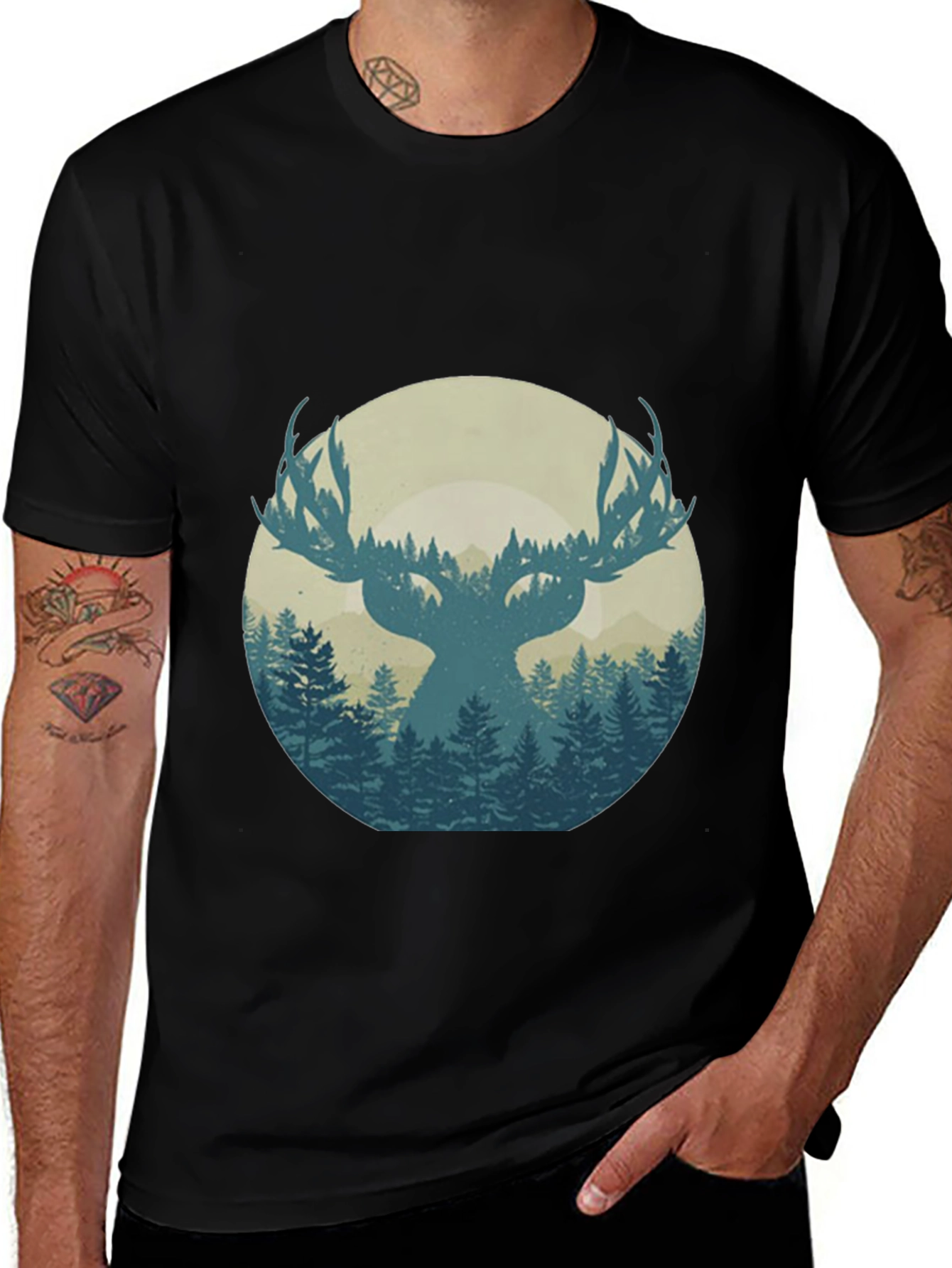 Nature Deer Silhouette Graphic Tee - Men's Black T-Shirt