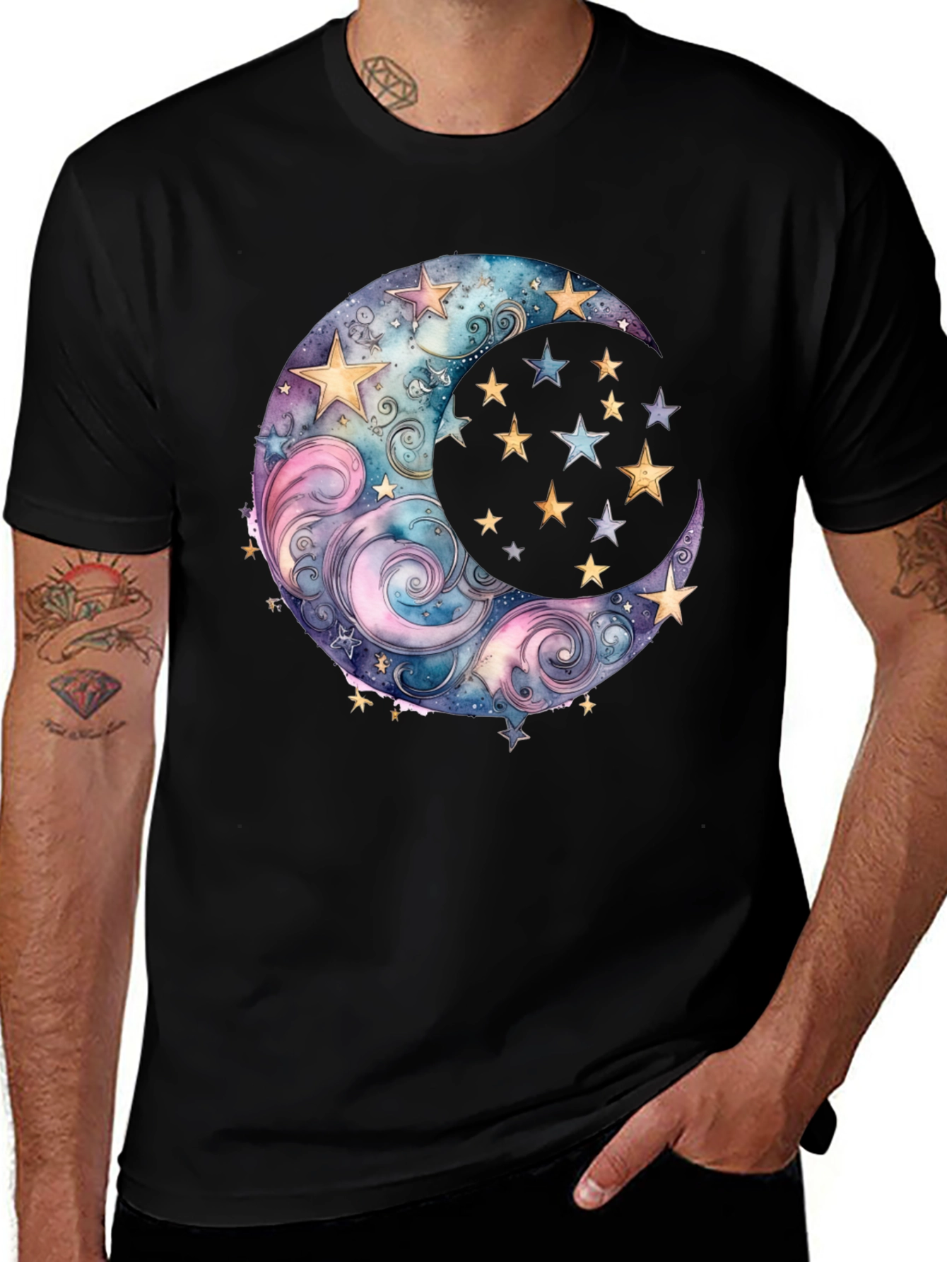 Variant 2 of Celestial Moon and Stars Graphic Tee - Black