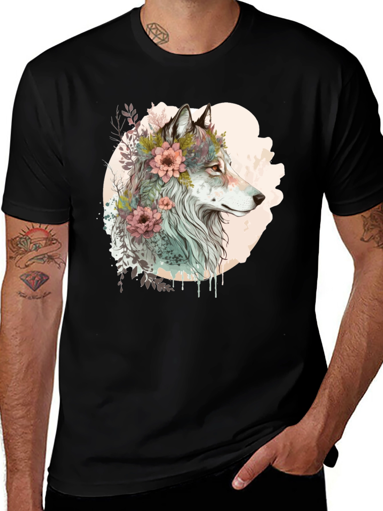 Variant 8 of Wolf and Floral Graphic Tee - Stylish Men's Black T-Shirt