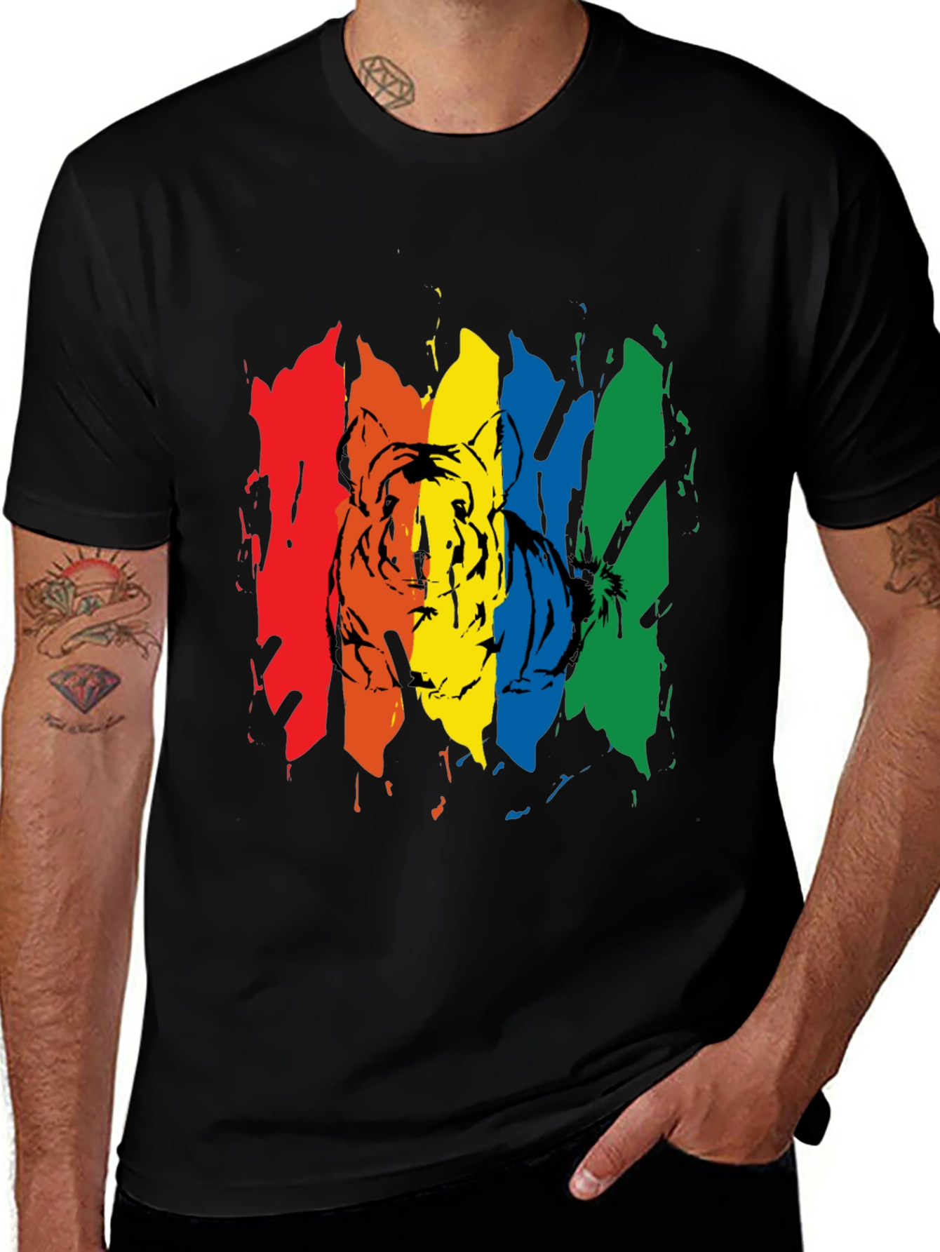Variant 25 of Rainbow Tiger Graphic Tee - Men's Black T-Shirt