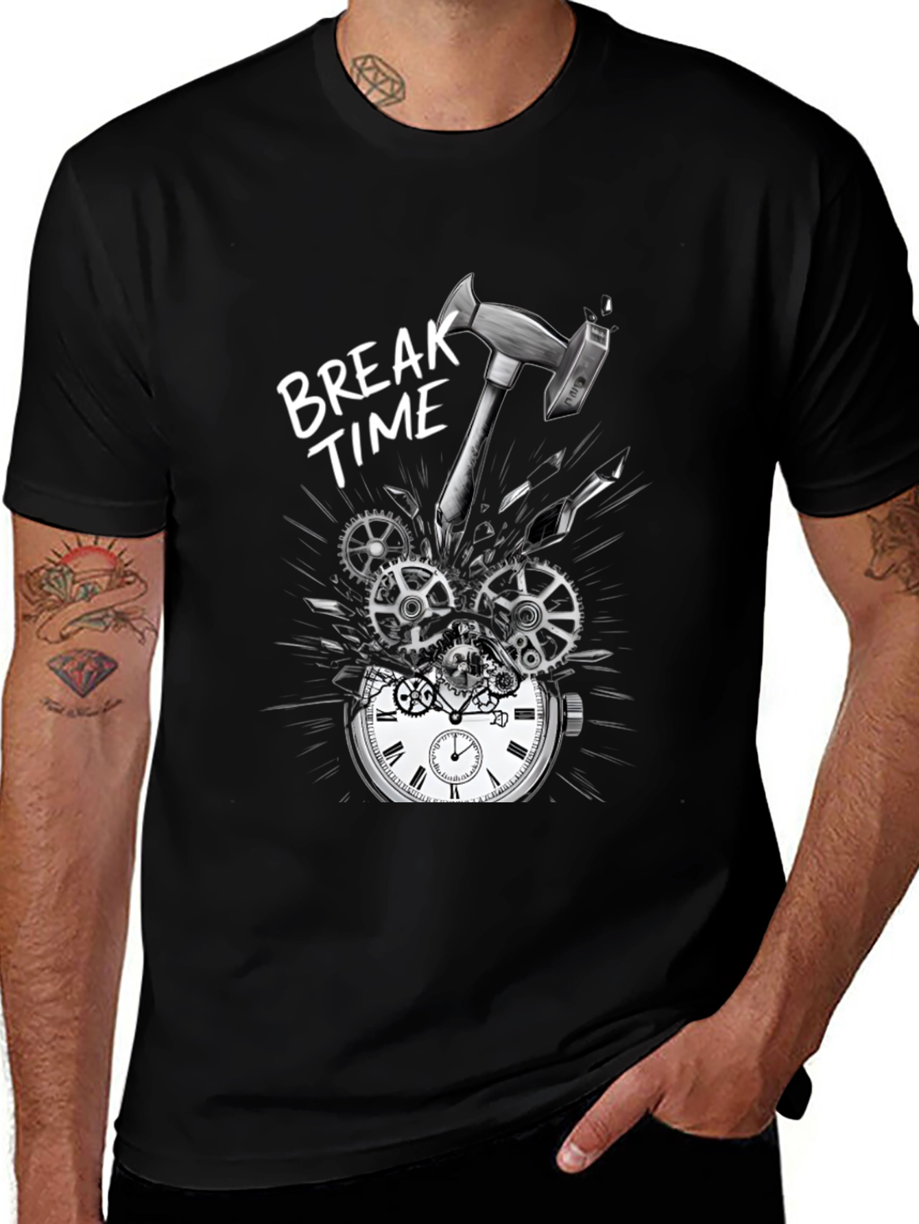 Variant 28 of Break Time T-Shirt - Hammer Smashing Clock Gears Design