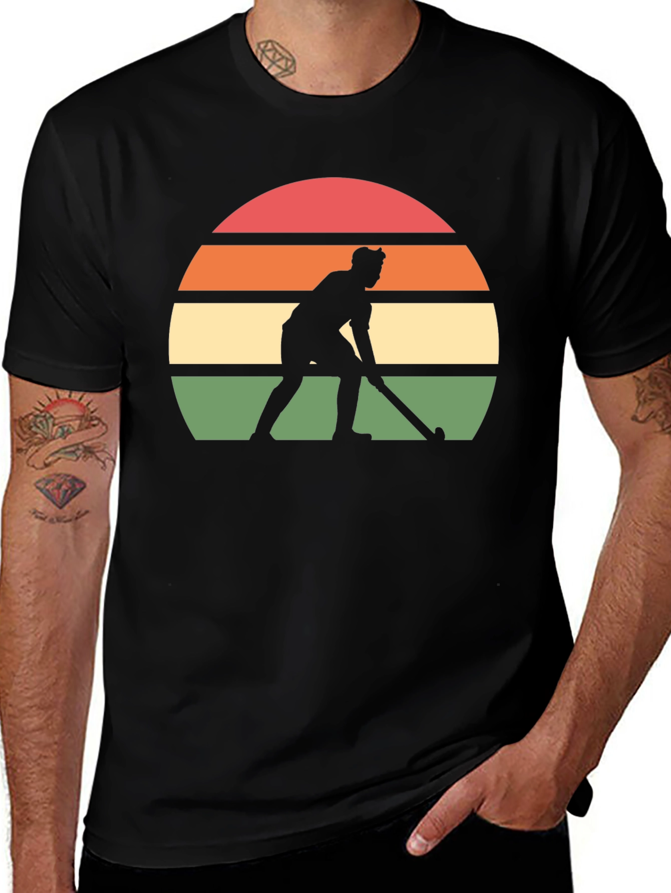 Variant 21 of Retro Hockey Player Graphic Tee - Black Cotton T-Shirt