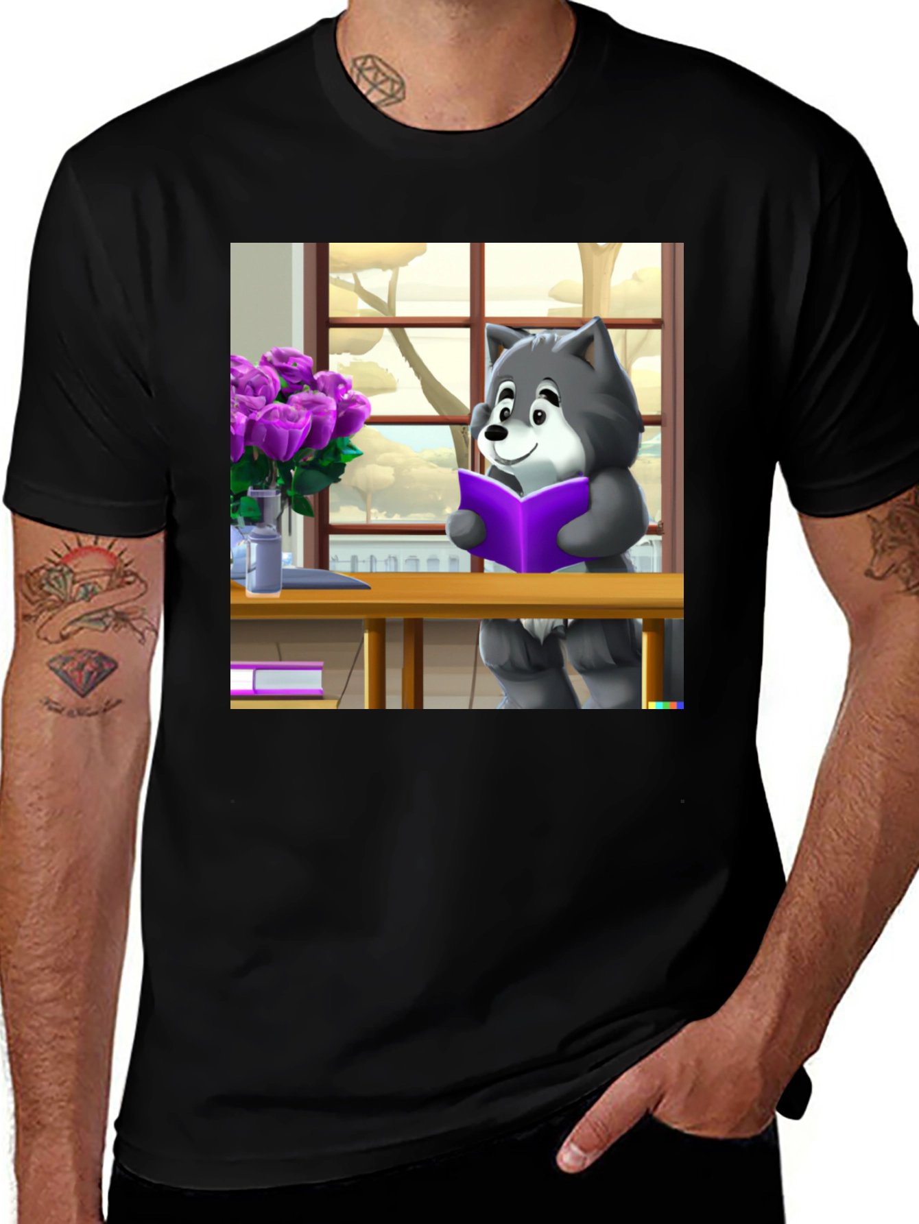 Variant 26 of Cartoon Wolf Reading T-Shirt