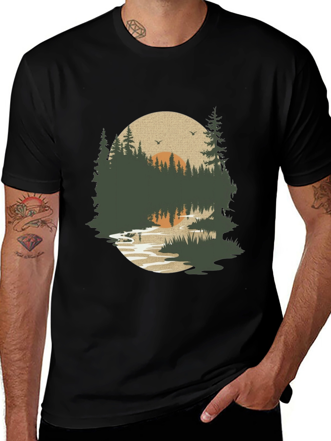 Variant 6 of Nature Scene Graphic Tee - Black Cotton Blend Comfort