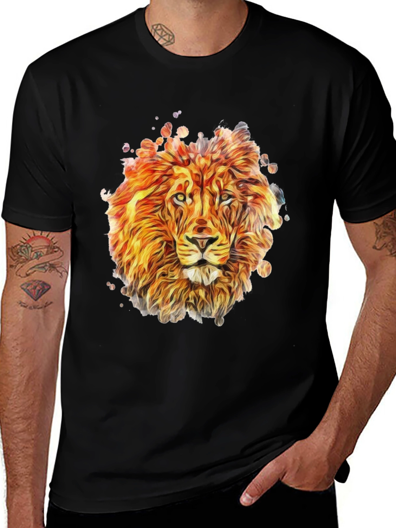 Variant 8 of Lion Graphic Print Tee - Men's Black Crewneck T-Shirt